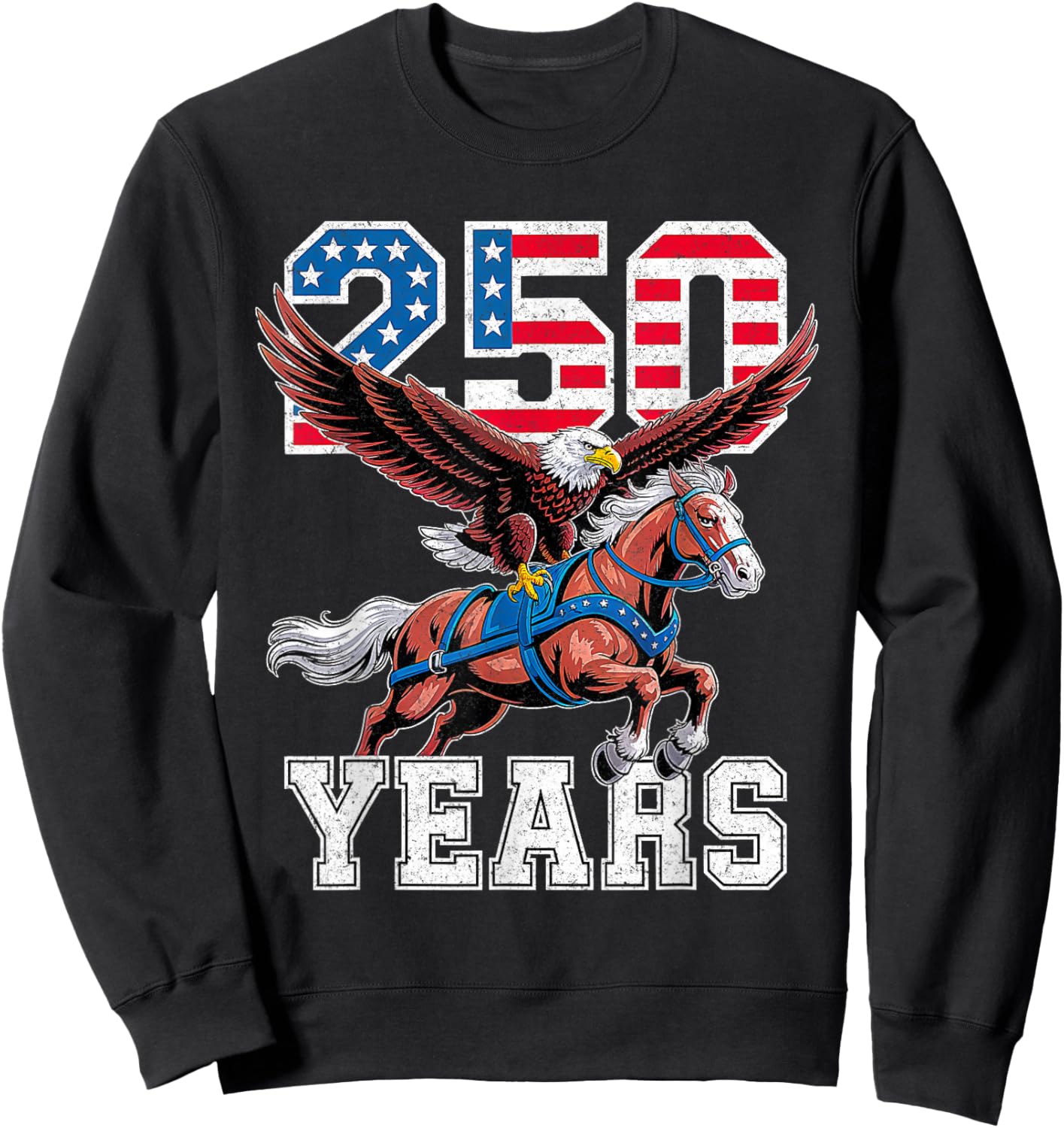 Retro USA 250th Anniversary Bald Eagle and Clydesdale Horse T-Shirt - Sweatshirt | Black
