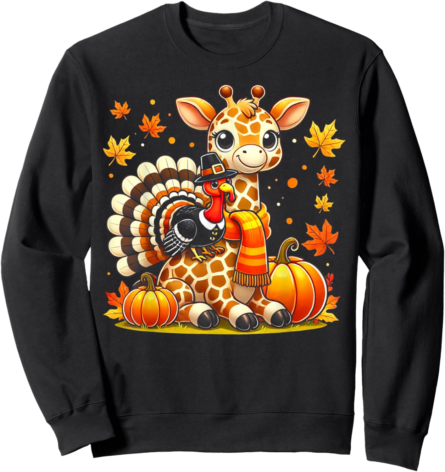 Thanksgiving Turkey Riding Giraffe With Fall Pumpkins Sweatshirt - Sweatshirt | Black