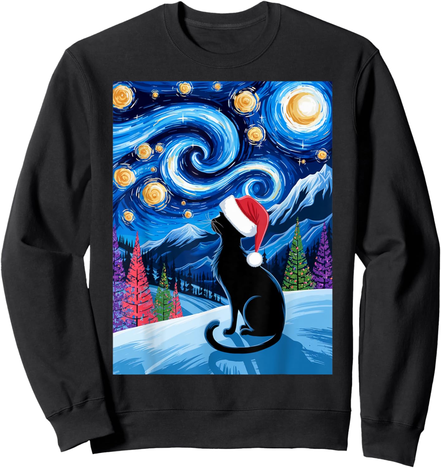 Van Gogh Christmas Cat Starry Night Black Cat Fans Santa Hat Sweatshirt - Sweatshirt | Black
