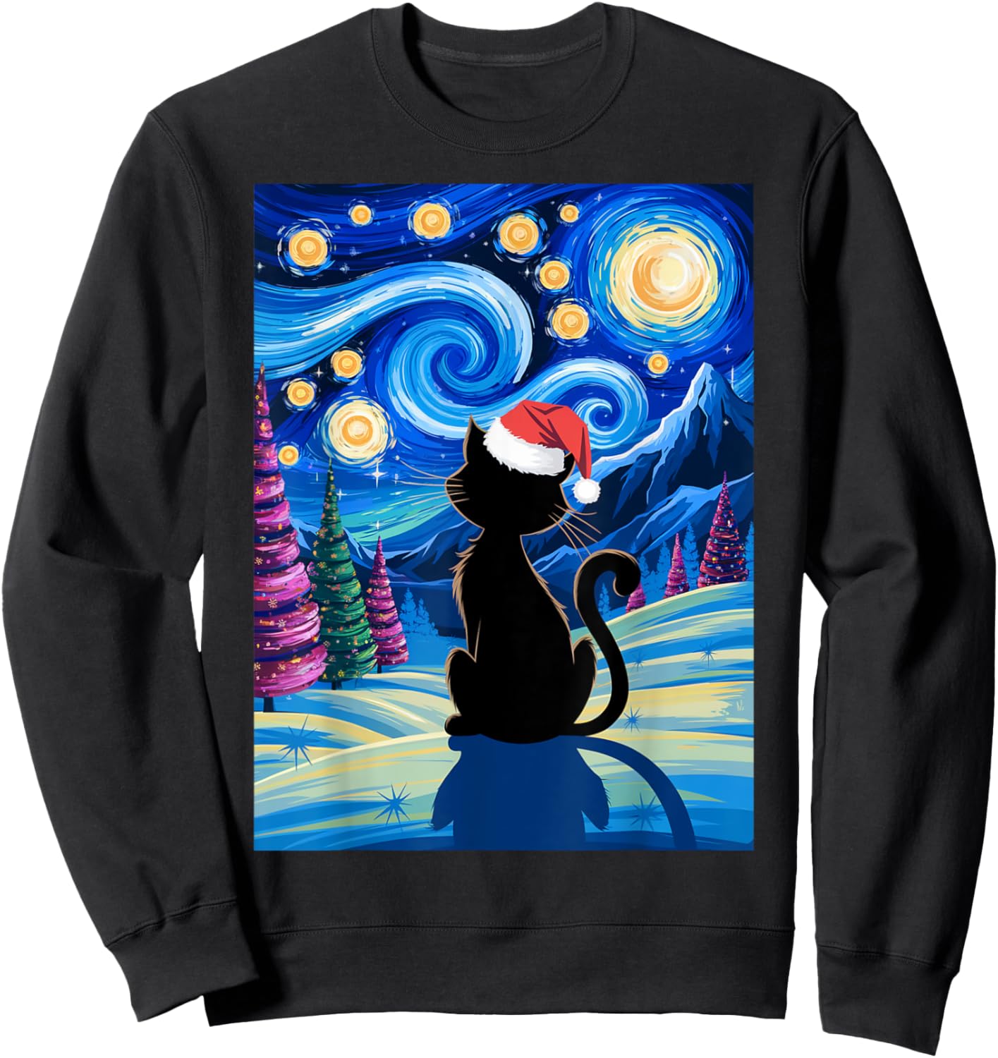 Christmas Van Gogh Cat Starry Night Black Cat Santa Hat Fans Sweatshirt - Sweatshirt | Black