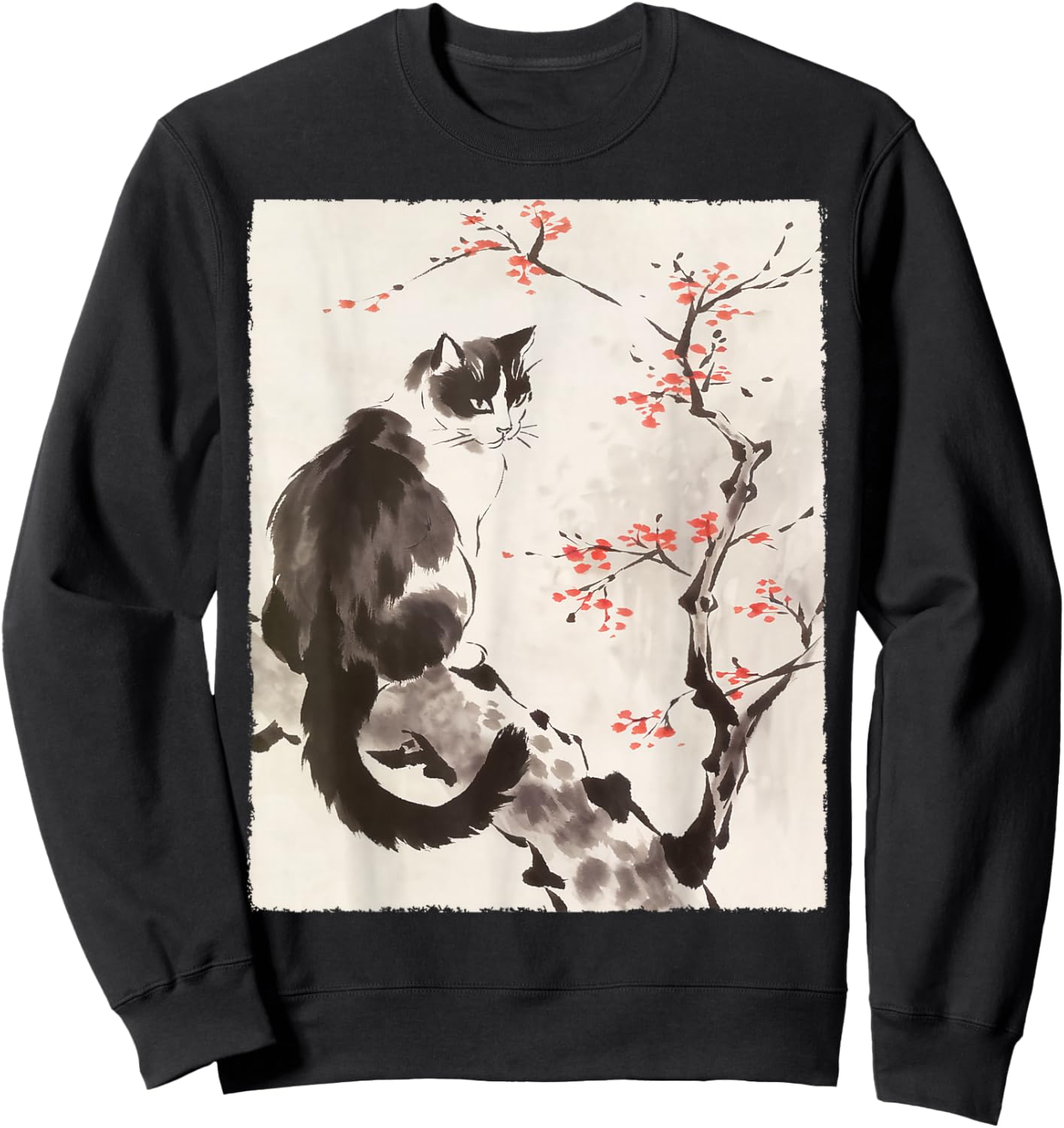 Cat Japanese Art Sakura Cherry Blossom Gifts Women Sweatshirt - Sweatshirt | Black