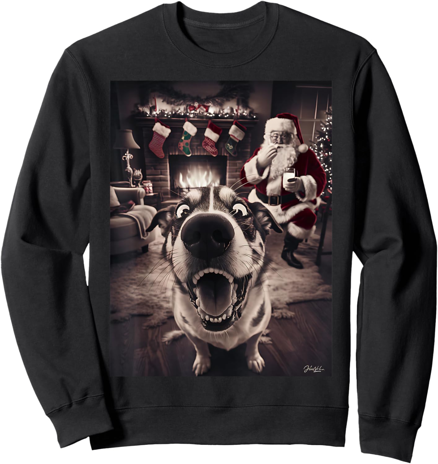 Funny Dog Selfie With Santa Xmas Christmas Women Girls Kids Sweatshirt - Sweatshirt | Black