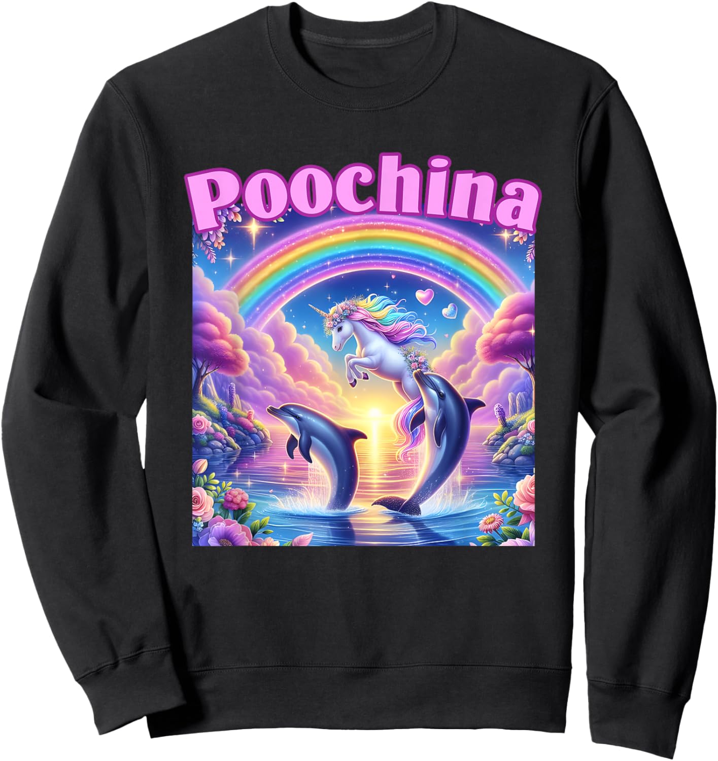 Poochina, Ironic Funny Meme, Women Trendy Dolphin Sweatshirt - Sweatshirt | Black