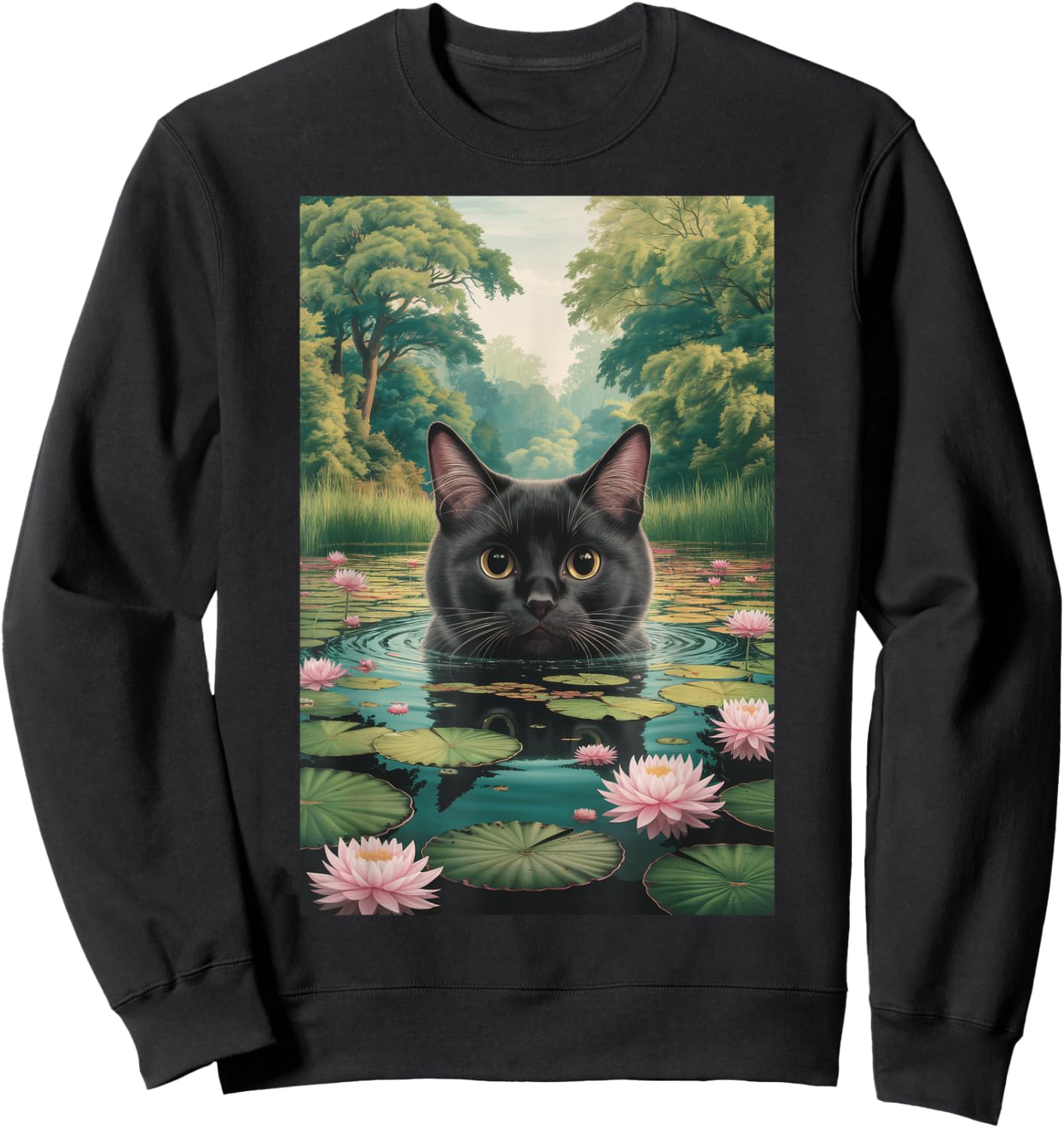 Black Cat Monets Waterlily Painting Art Cat Sweatshirt - Sweatshirt | Black
