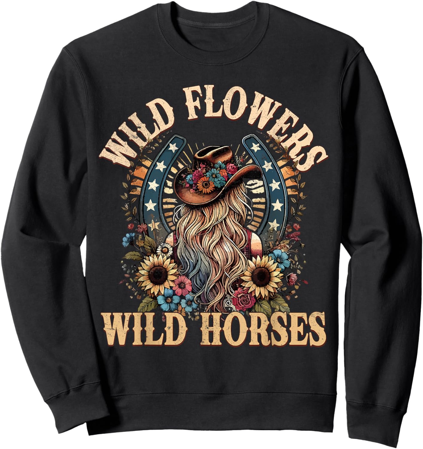 Retro Southern Sunset Cowgirl Wild Flowers - Wild Horses Sweatshirt - Sweatshirt | Black