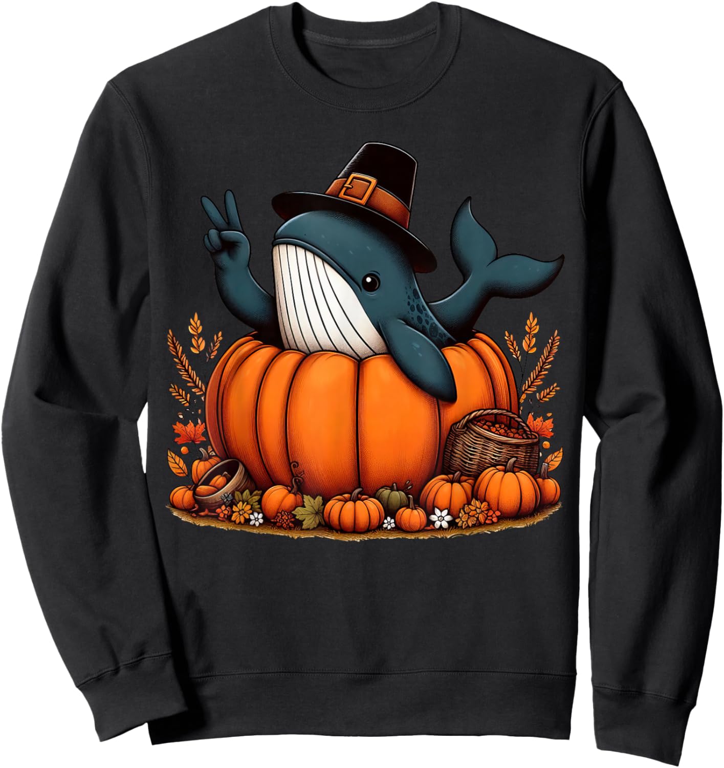 Autumn Pumpkin Fall Whale Thanksgiving Kids Sweatshirt - Sweatshirt | Black