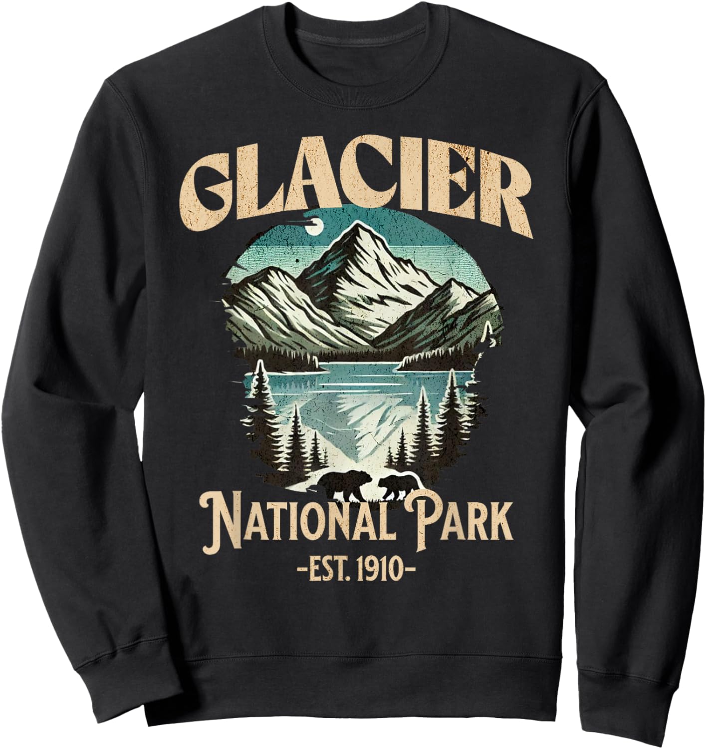 Glacier National Park Est. 1910 | Vintage Souvenir Sweatshirt - Sweatshirt | Black