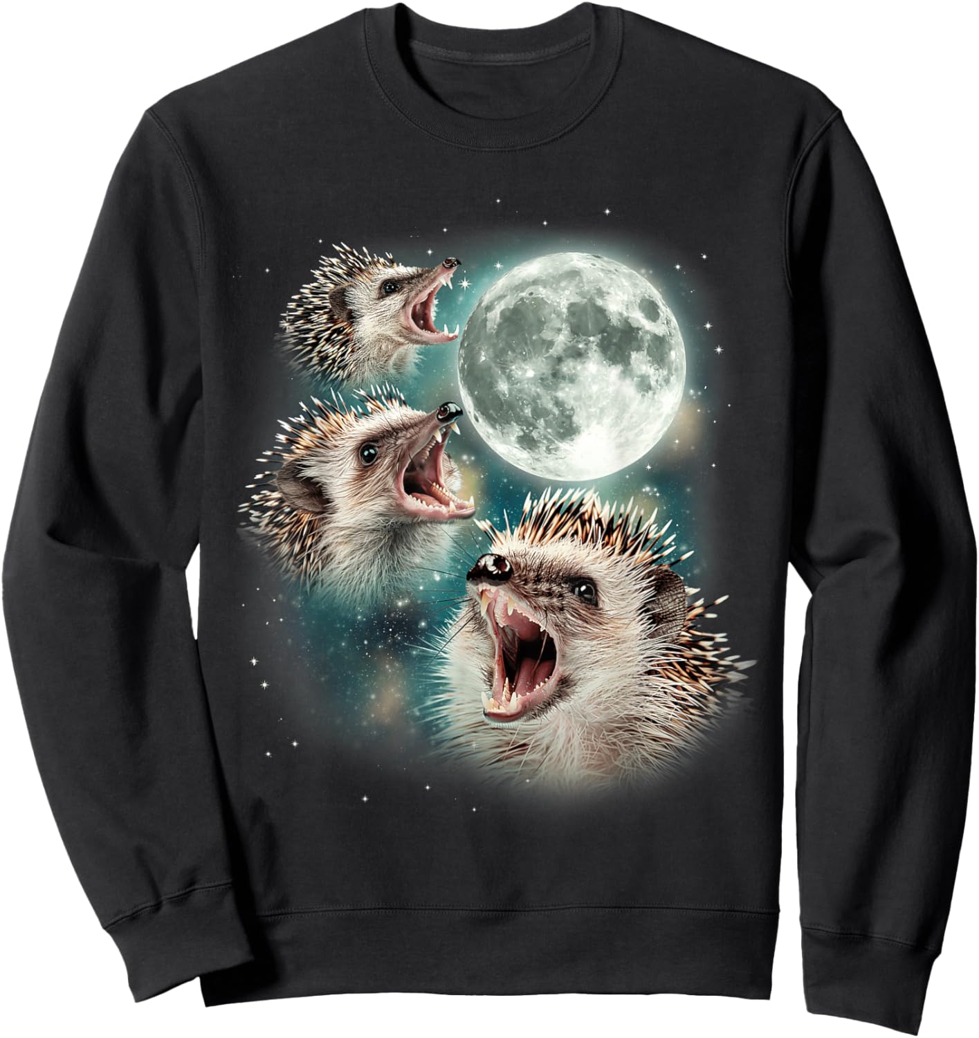 Three Hedgehog Moon | 3 Hedgies Funny Weird Cursed Meme Sweatshirt - Sweatshirt | Black