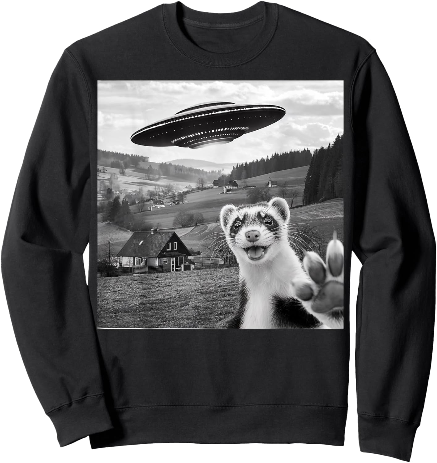 Ferret Selfie With Alien UFO Funny Gifts Women Kid Sweatshirt - Sweatshirt | Black