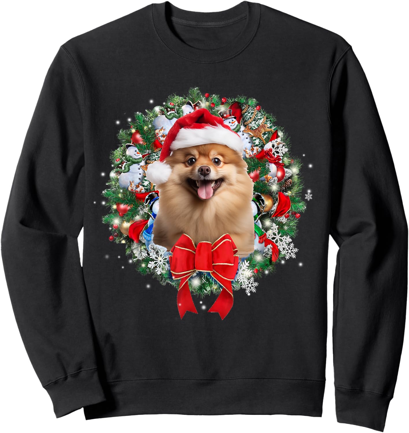 Pomeranian Christmas Wreath Decoration Xmas Pajamas Sweatshirt - Sweatshirt | Black