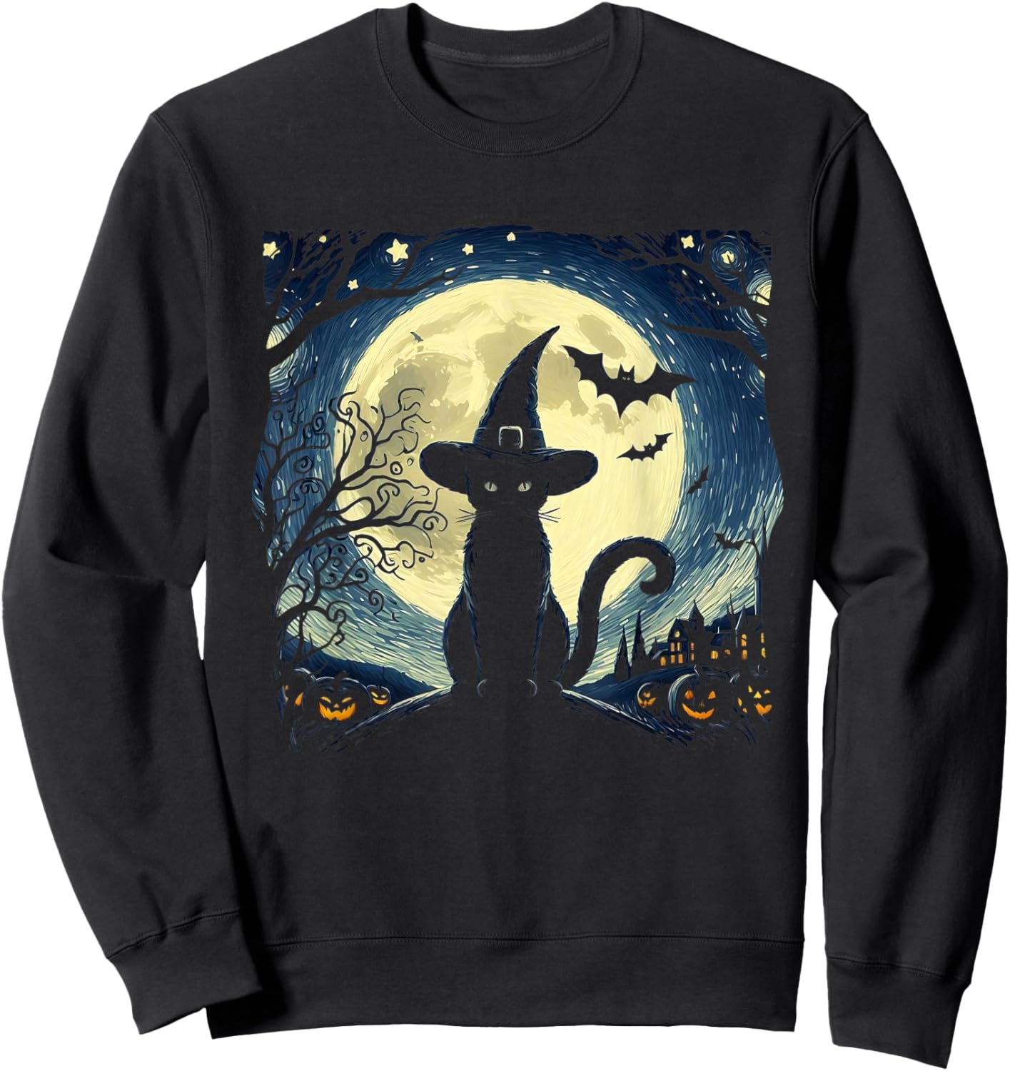 Vintage Scary halloween black cat Van gogh Starry Night Moon Women Kids Sweatshirt - Sweatshirt | Black