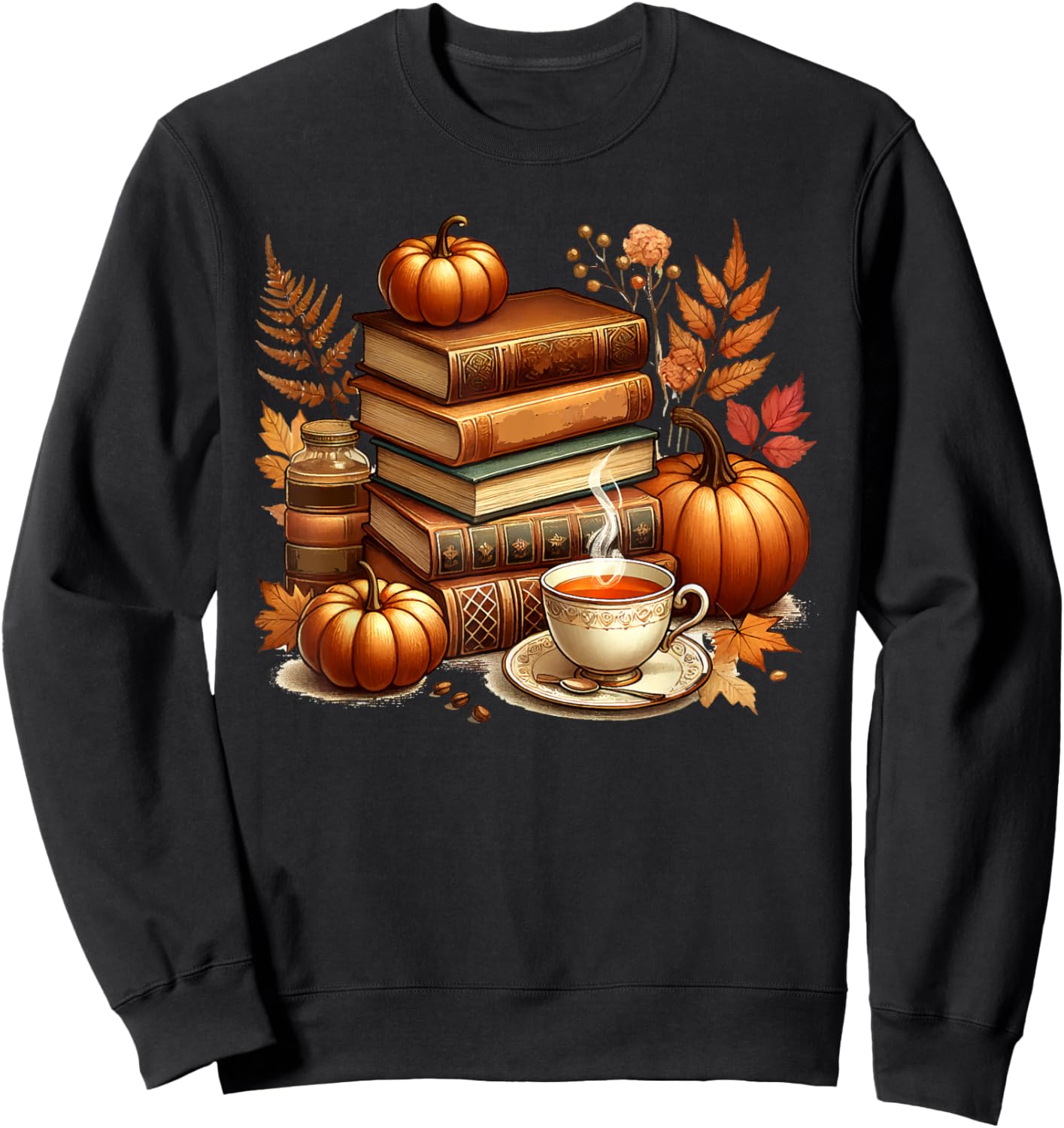 Books Coffee Fall Leaves and Pumpkins Autumn Reading Vintage Sweatshirt - Sweatshirt | Black
