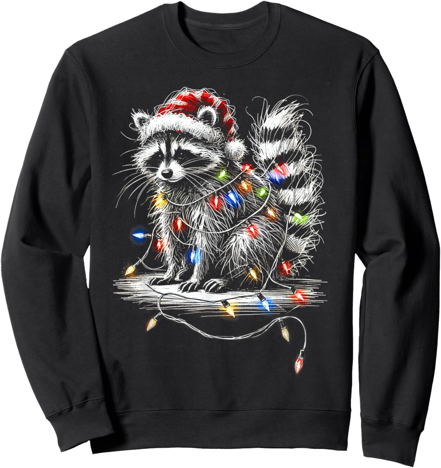 Funny Raccoon Santa Hat Christmas Tree Lights Pajama Sweatshirt - Sweatshirt | Black