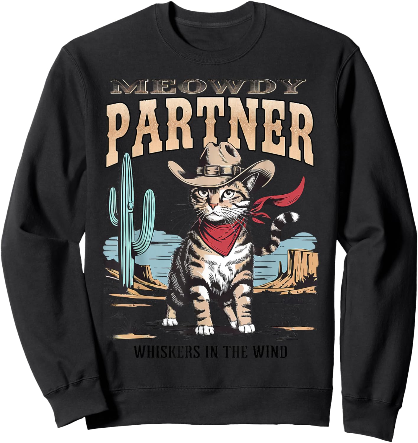Vintage Cat Meowdy Partner Cowboy Gifts Women Kid Sweatshirt - Sweatshirt | Black