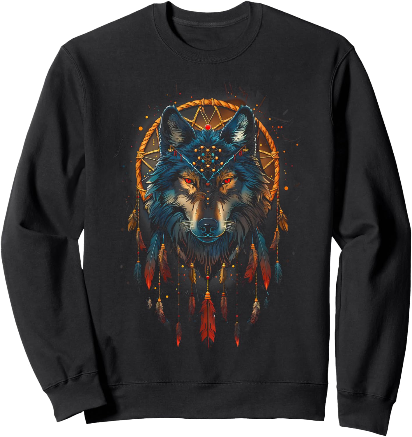 Colorful Mantra Spirit Animal Dreamcatcher Shop Wolf Dreamcatcher Native American Indian Feathers Arts -Adults Black Small Modern Tribal Boho Motif Round Collar Short Sleeve Sweatshirt - Sweatshirt | Black