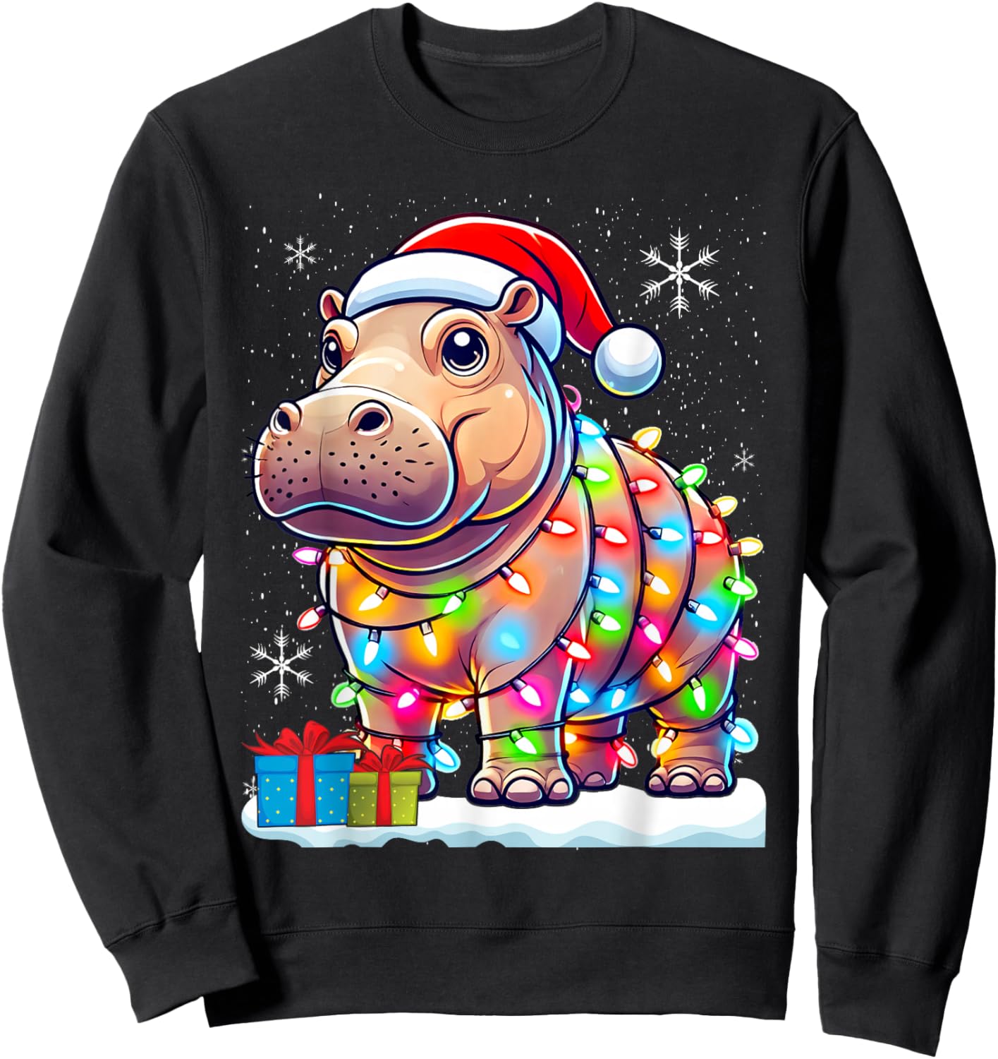 Hippo Lover Gift Co. Christmas Lights Fiona -Adults & Kids , Black, Small, Short Sleeve Sweatshirt - Sweatshirt | Black