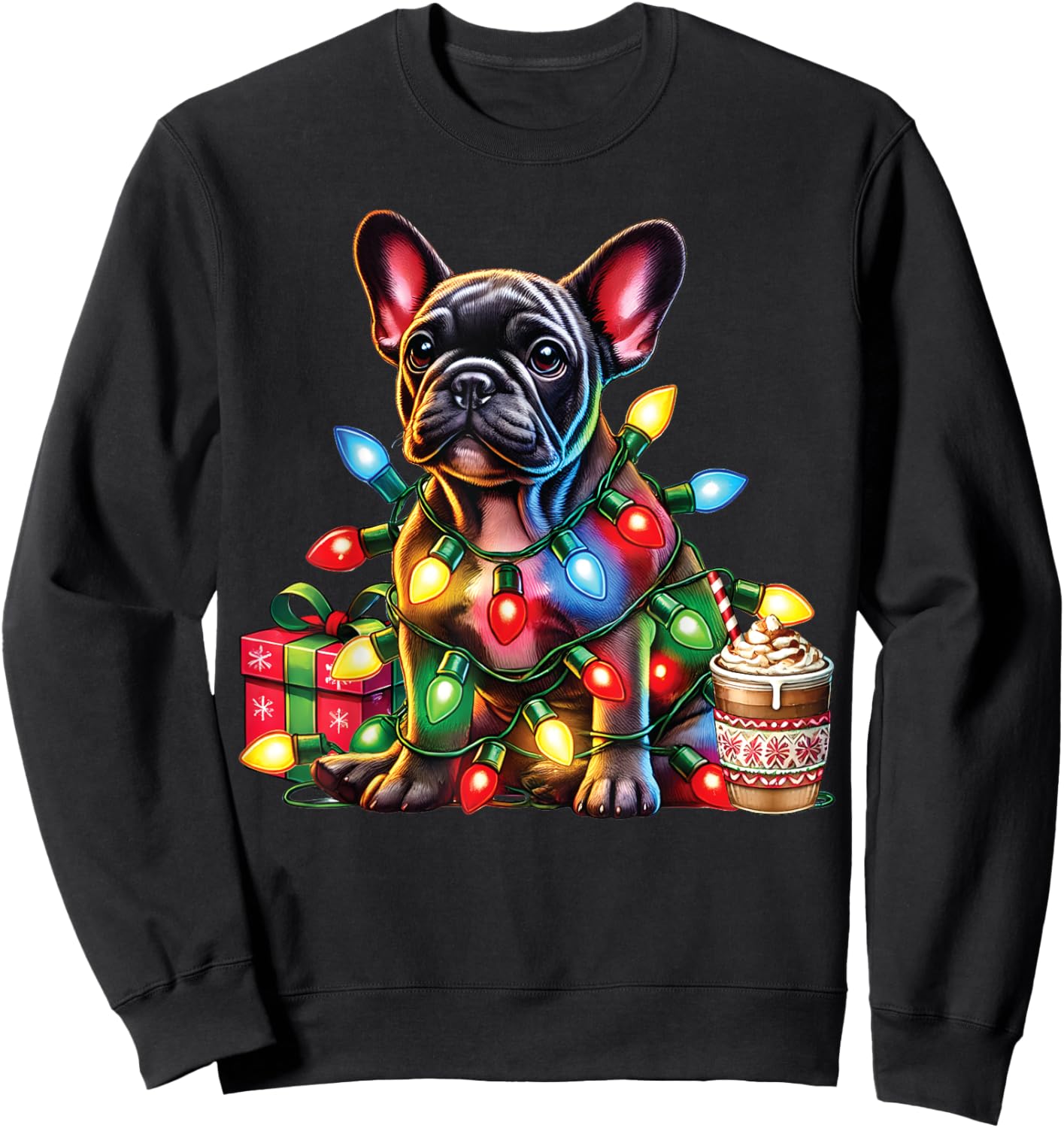 French bulldog Lovers Xmas Reindeer Antlers Christmas Lights Men Women Kids Sweatshirt - Sweatshirt | Black