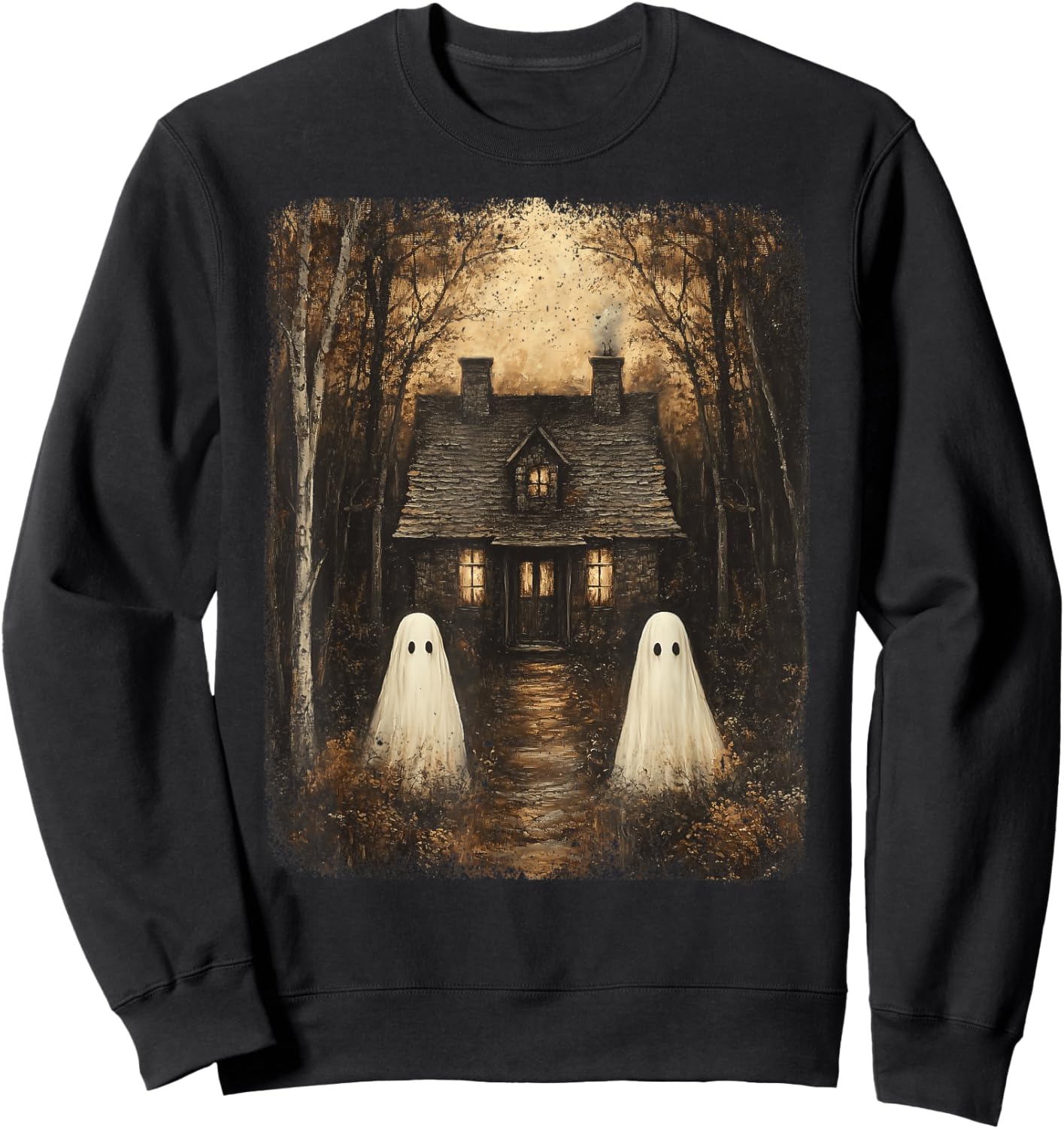 Vintage Haunted House Halloween Spooky Ghost Gothic Forest Sweatshirt - Sweatshirt | Black