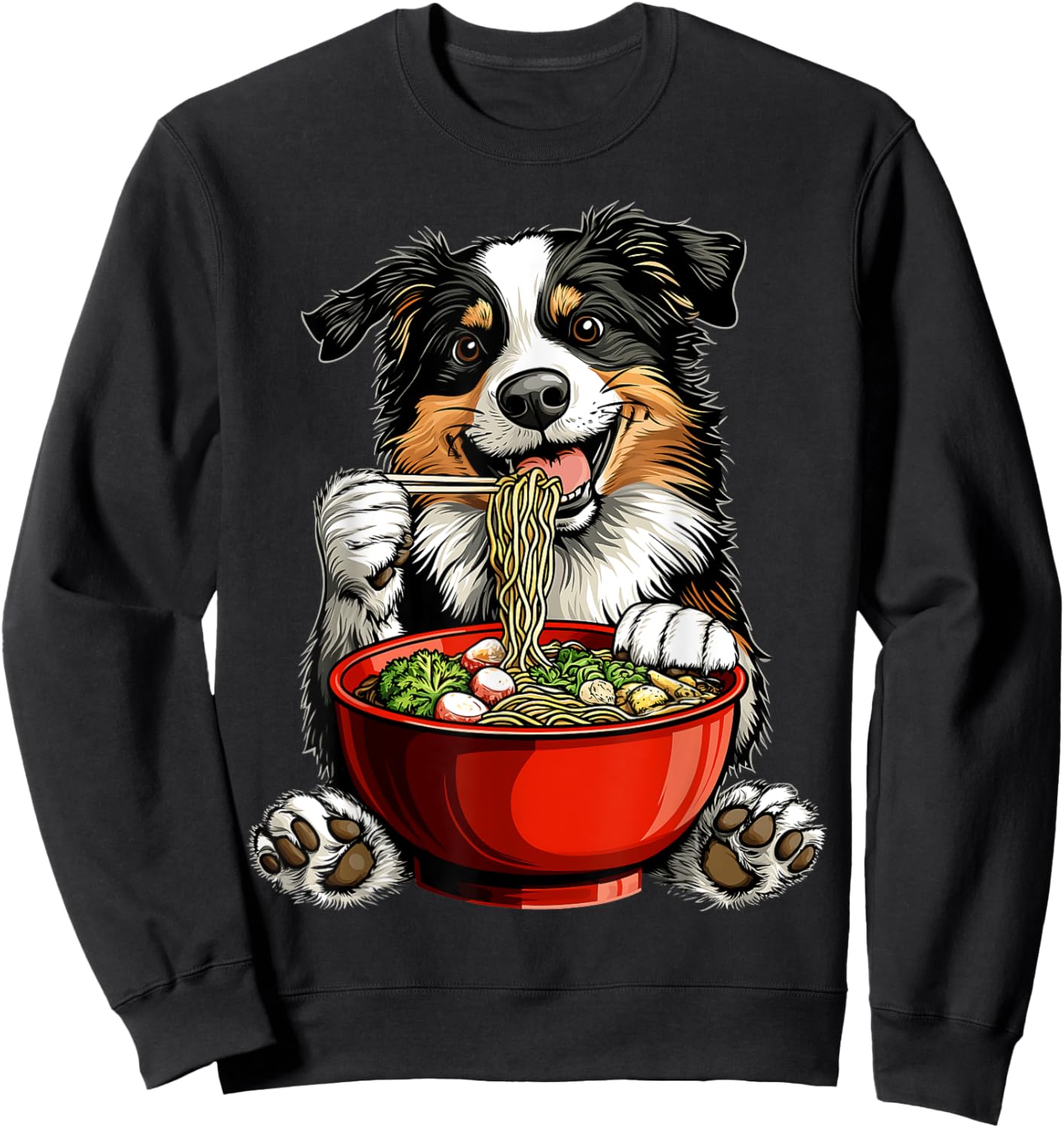 Border Collie Dog Eating Ramen Bowl Japanese Noodles Sweatshirt - Sweatshirt | Black