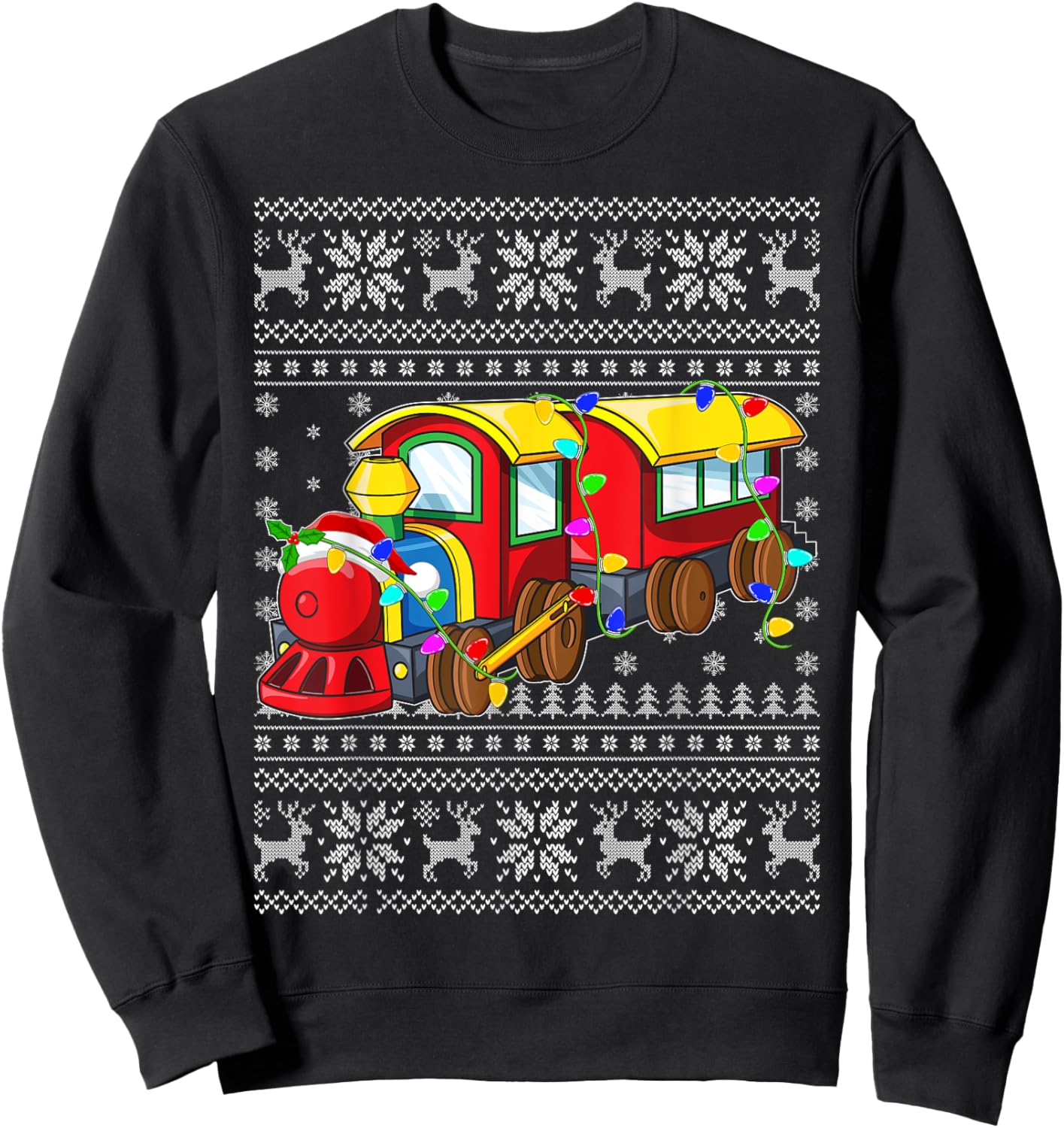 Ugly Sweater Xmas Lights Santa Hat Train Christmas Sweatshirt - Sweatshirt | Black