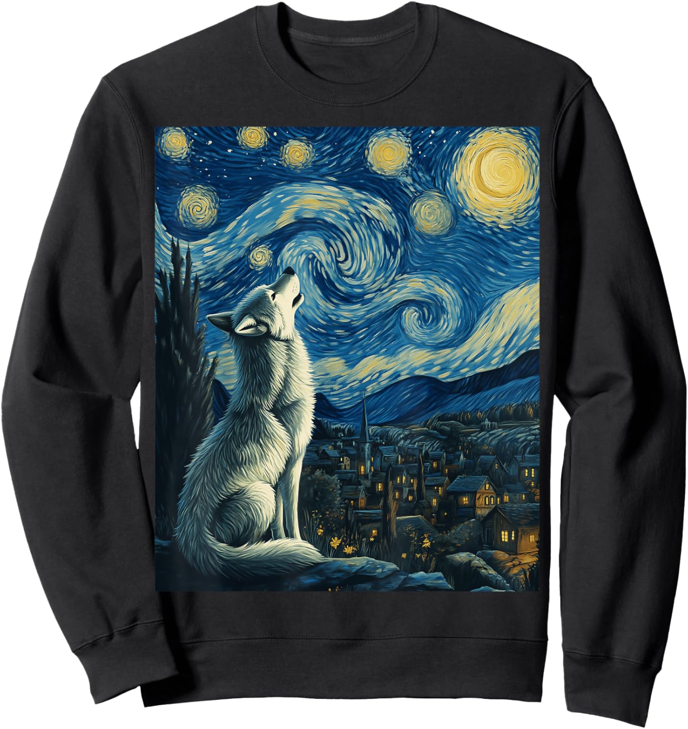 Wolf Starry Night Van Gogh Painting Art Wolves Lovers Sweatshirt - Sweatshirt | Black