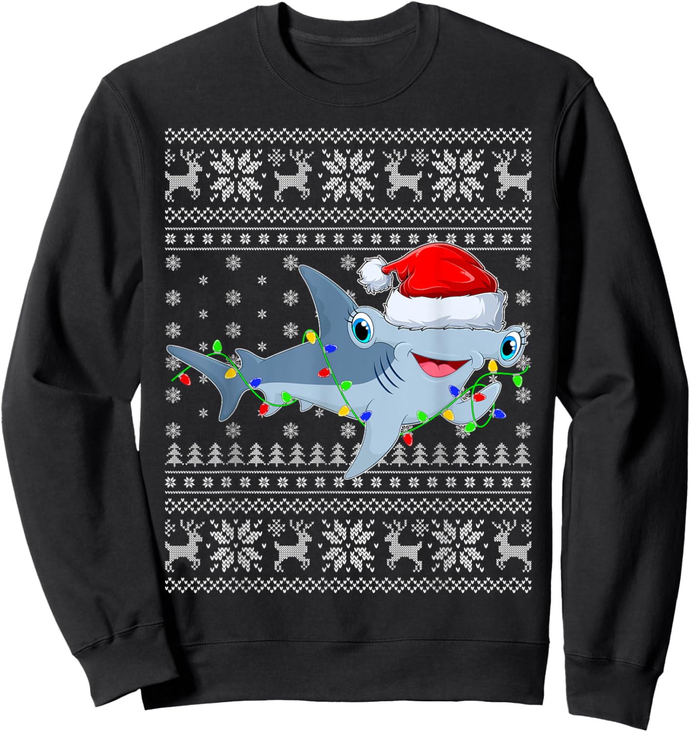 Ugly Sweater Xmas Lights Santa Hammerhead Shark Christmas Sweatshirt - Sweatshirt | Black