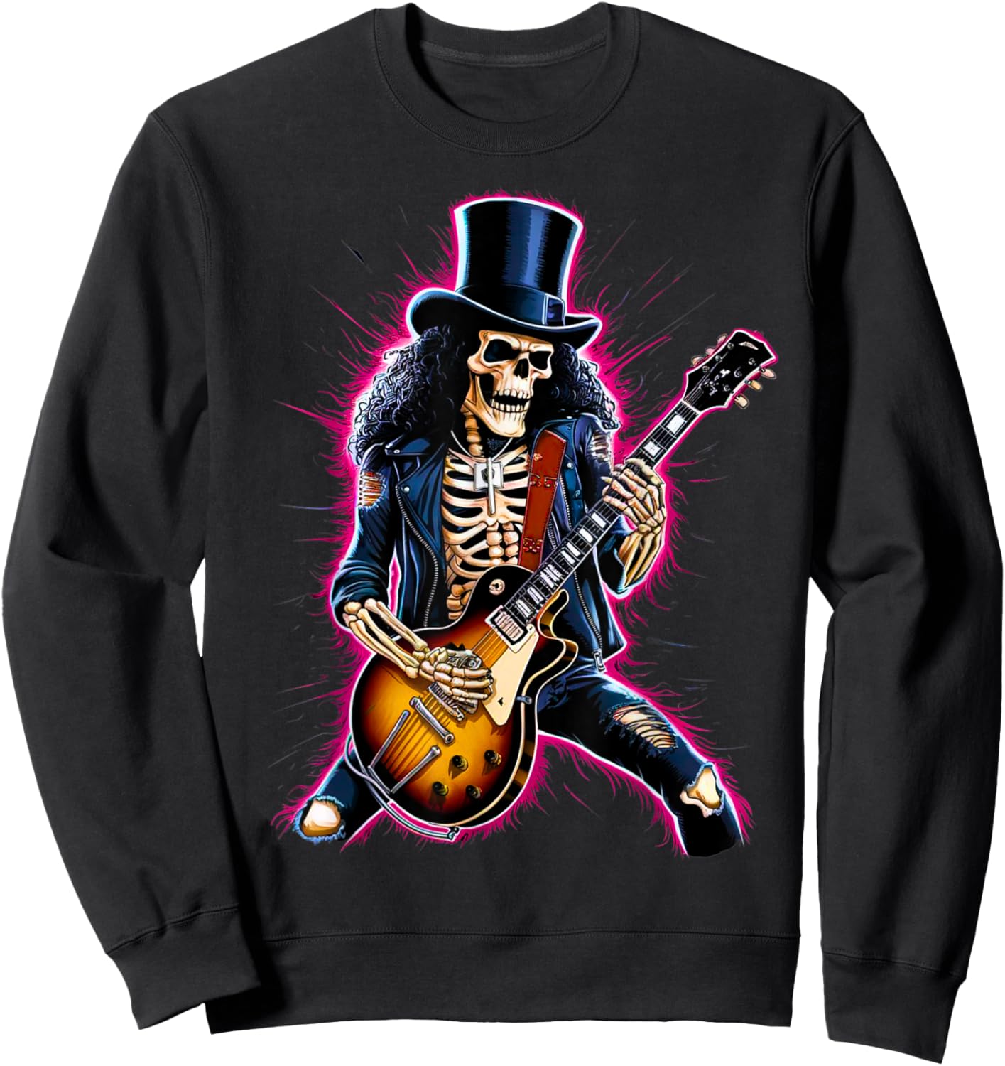 Skeleton Playing Guitar Rock & Roll Band 80s 90s Concert Sweatshirt - Sweatshirt | Black