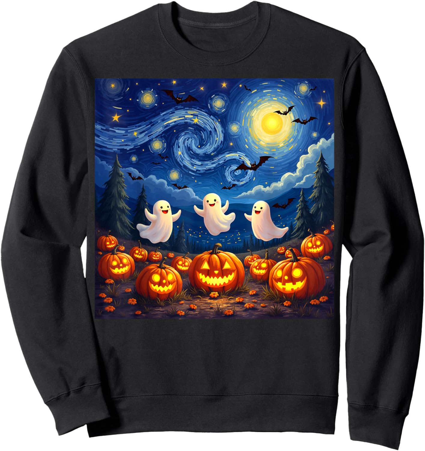 boo ghost halloween pumpkin Starry Night Van Gogh men women Sweatshirt - Sweatshirt | Black