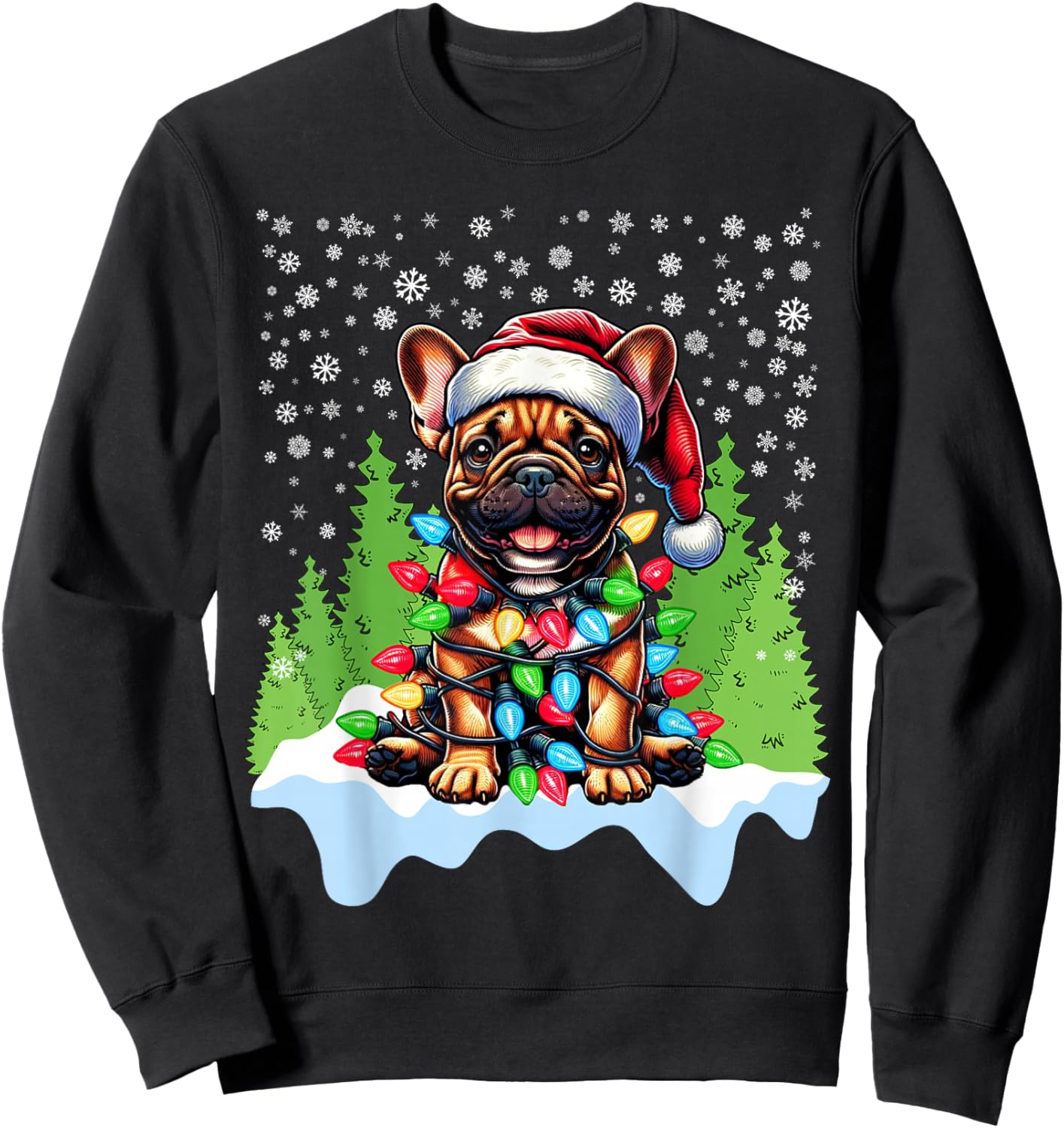 French Bulldog Christmas Santa Hat Lights Tree Snowflakes Sweatshirt - Sweatshirt | Black