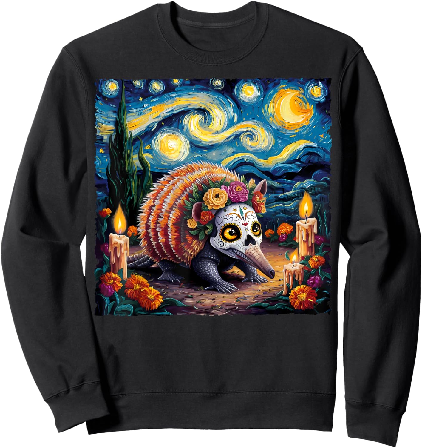 Armadillo Van Gogh Style The Starry Night Day Of Dead Funny Sweatshirt - Sweatshirt | Black