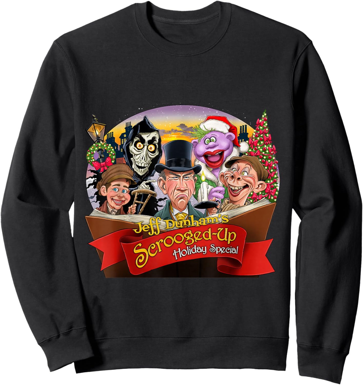 Jeff Dunham 2024 Holiday - Black, -Adults/Kids, Short Sleeve, Cartoon Holiday Character, Classic Fit, Polyester 100% Cotton Blend, Size Small Sweatshirt - Sweatshirt | Black