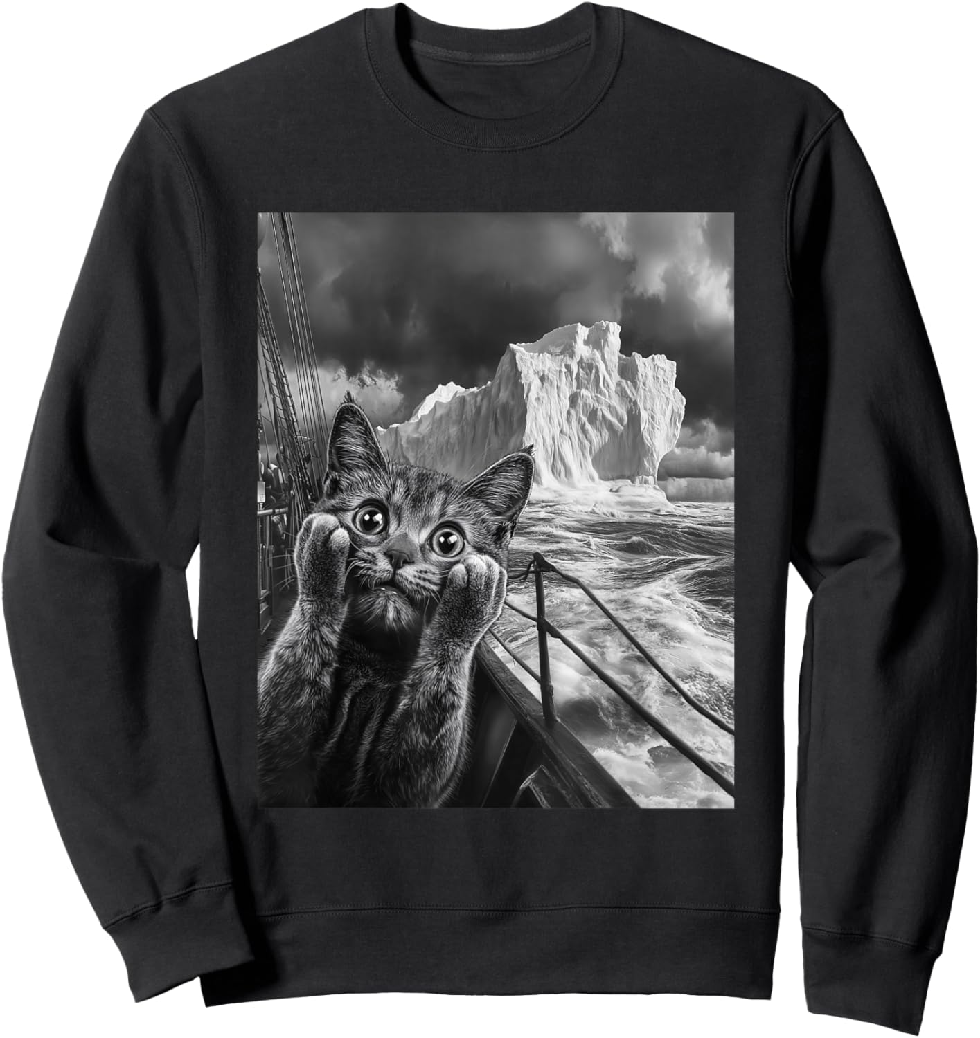 Funny Titanic Iceberg Scared Surprised Cat Selfie Sweatshirt - Sweatshirt | Black