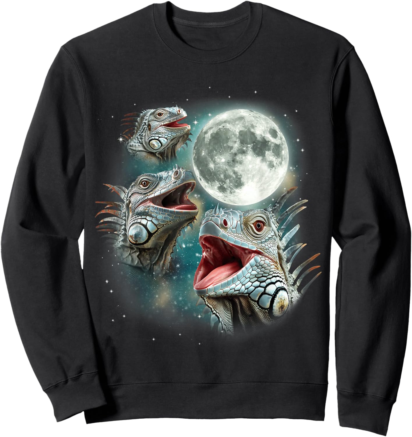 Three Iguana Moon | 3 Howling Reptiles Night Wildlife Iguana Sweatshirt - Sweatshirt | Black