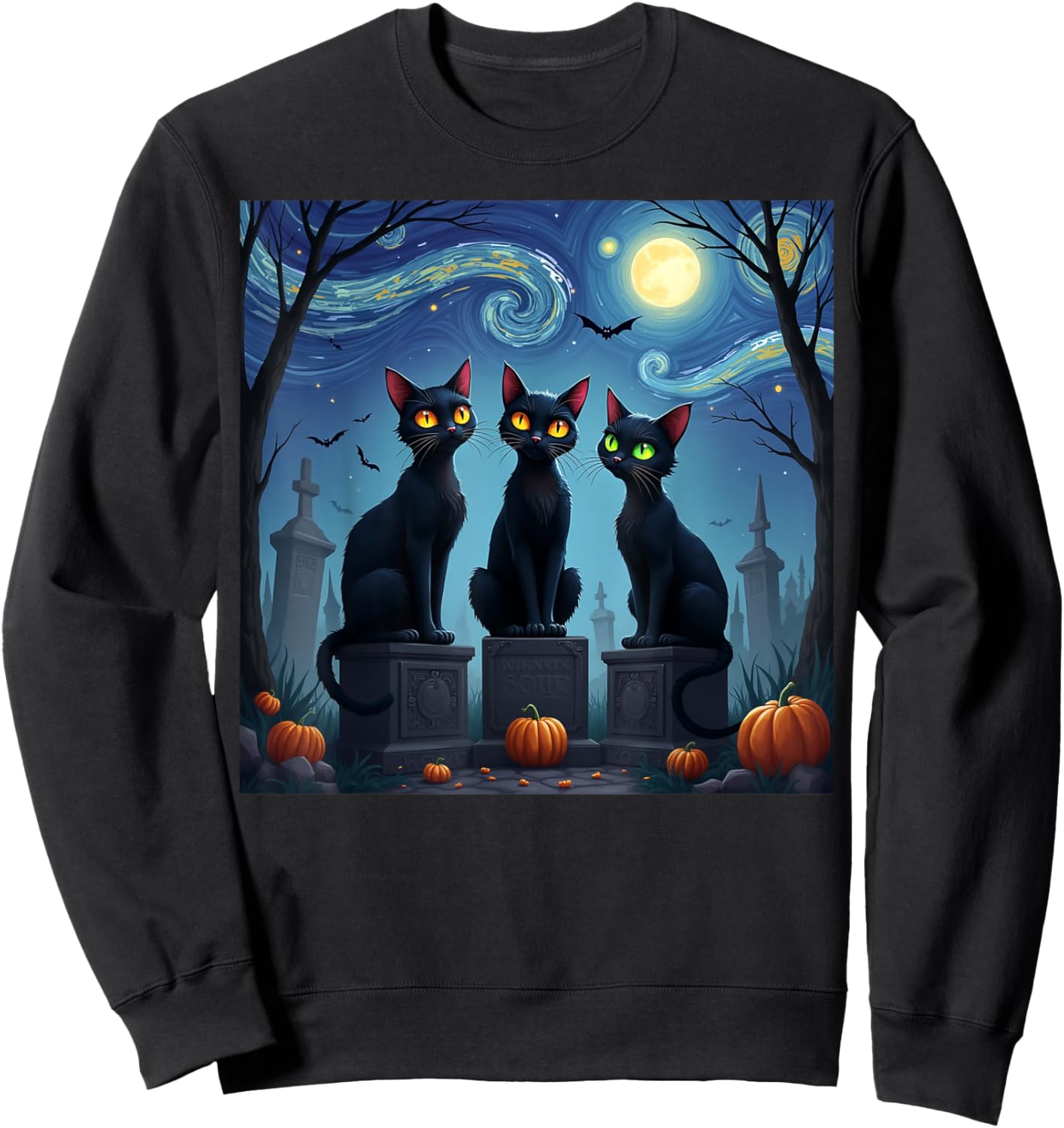Black Cat Halloween Cat Lovers Starry Night Cat Van Gogh men Sweatshirt - Sweatshirt | Black