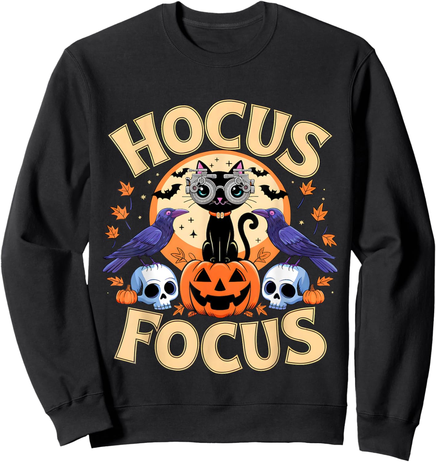 Hocus Focus Optometry Halloween Shirt Eye Doctor Cat Spooky Sweatshirt - Sweatshirt | Black