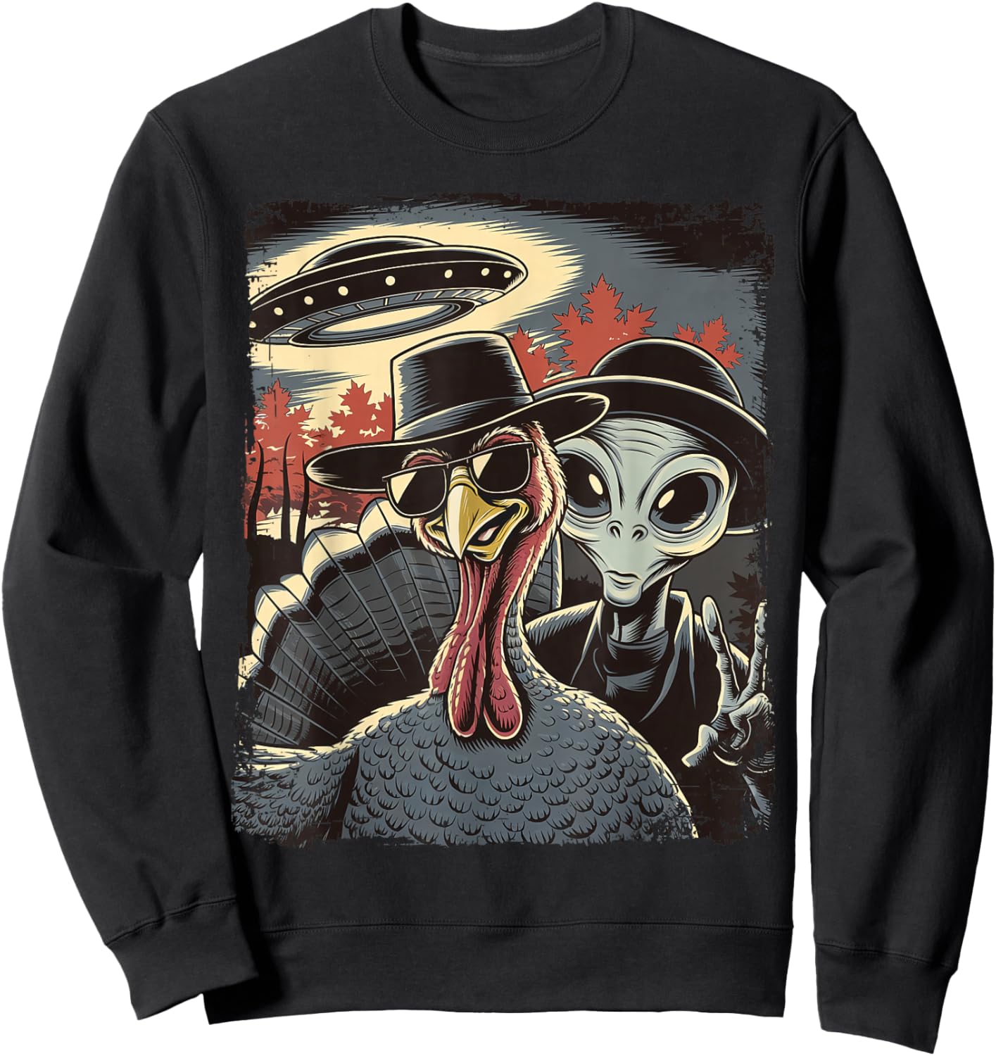 Alien Selfie With Turkey Thanksgiving Funny Photo UFO Sweatshirt - Sweatshirt | Black