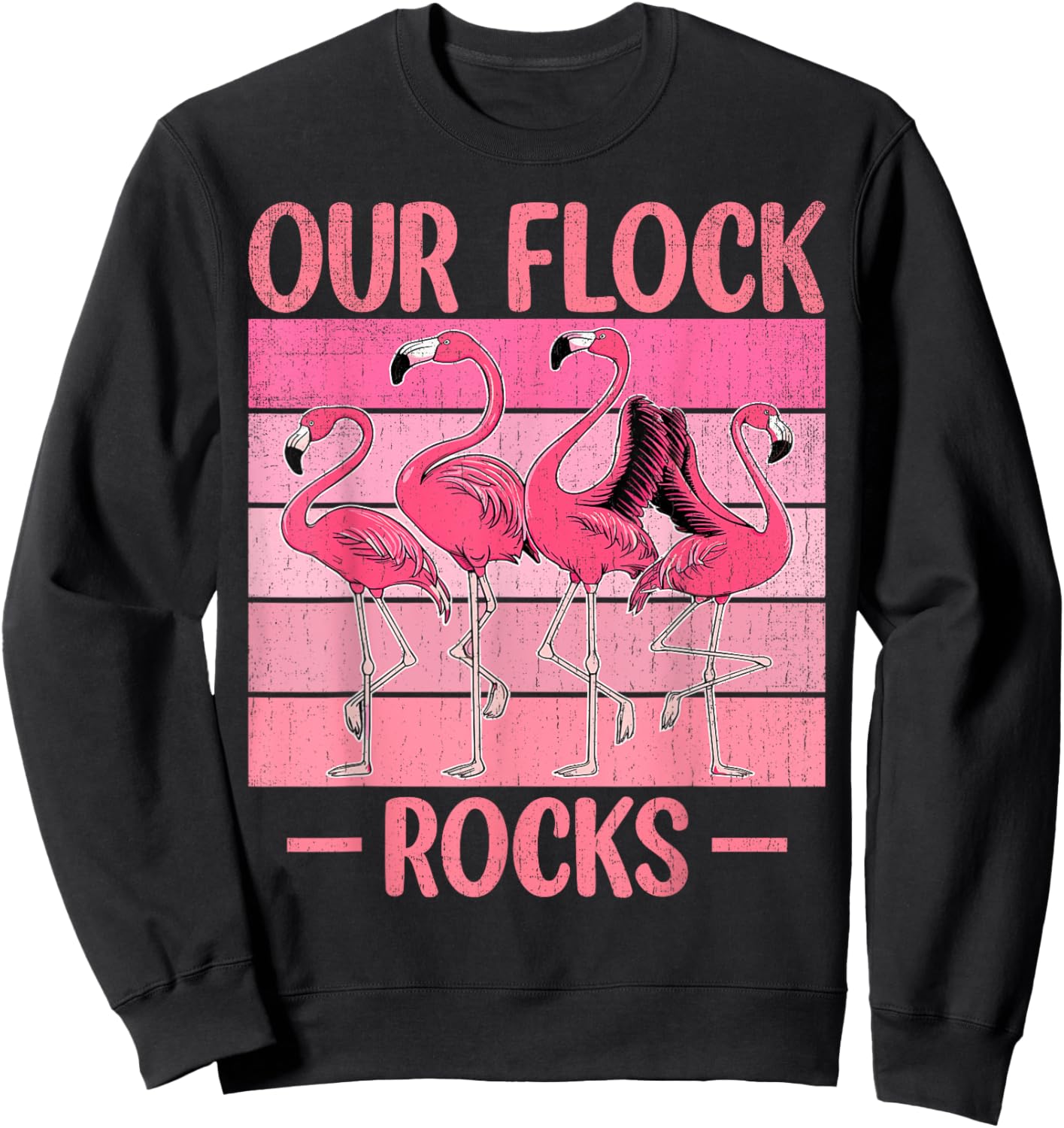 Our Flock Rocks Flamingos Lover Family Vacation Group Sweatshirt - Sweatshirt | Black
