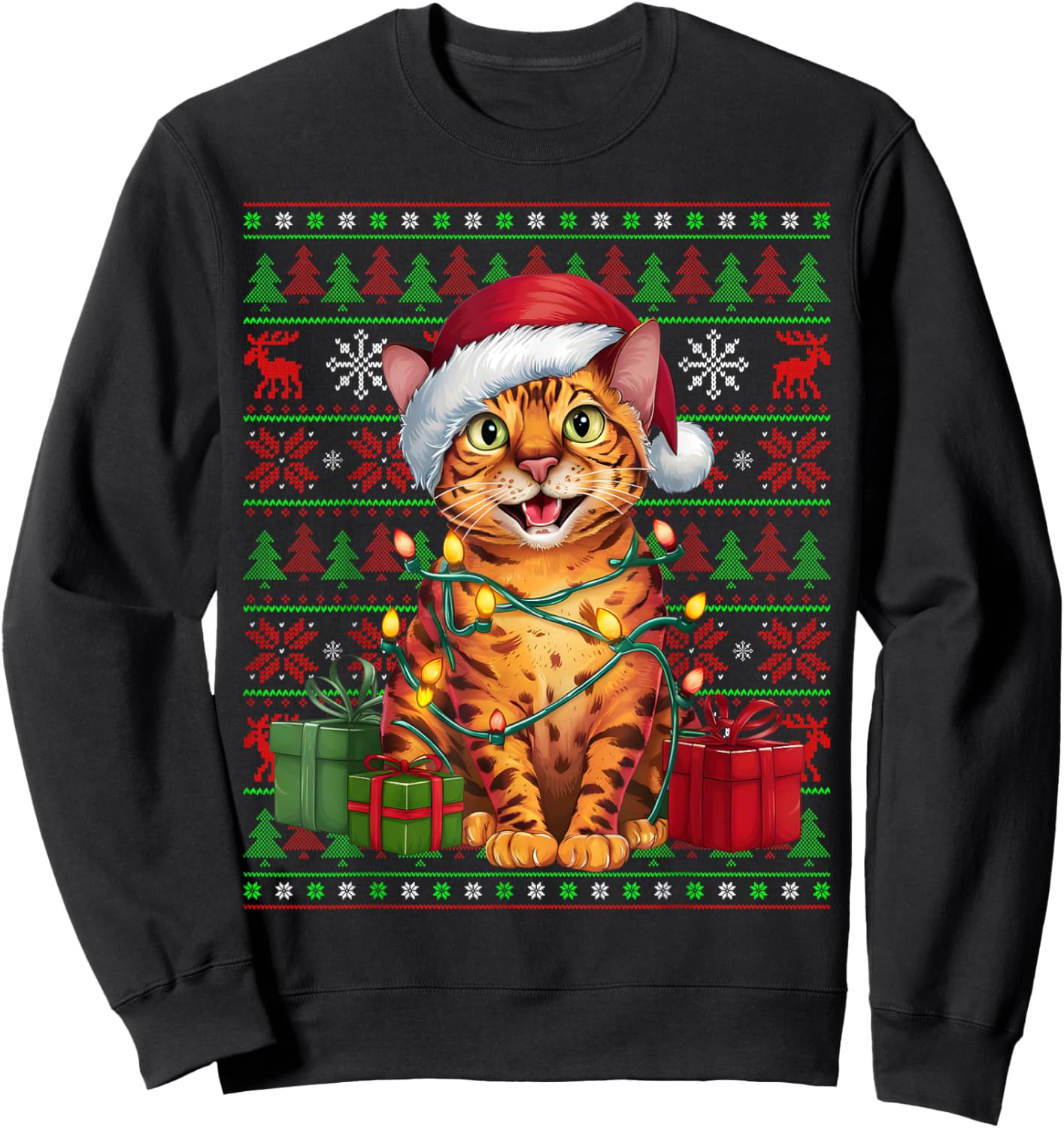 Bengal Cat Xmas Lights Ugly Santa Hat Bengal Cat Christmas Men Women Kids Sweatshirt - Sweatshirt | Black