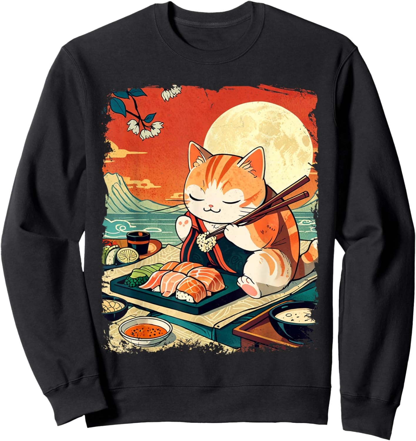 Ukiyo-e Art Japanese Funny Cat Eating Sushi Sweatshirt - Sweatshirt | Black