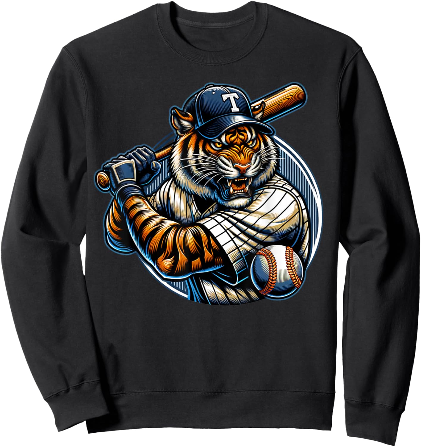 Funny Vintage Tiger Playing Baseball Cute Baseball Men Women Sweatshirt - Sweatshirt | Black