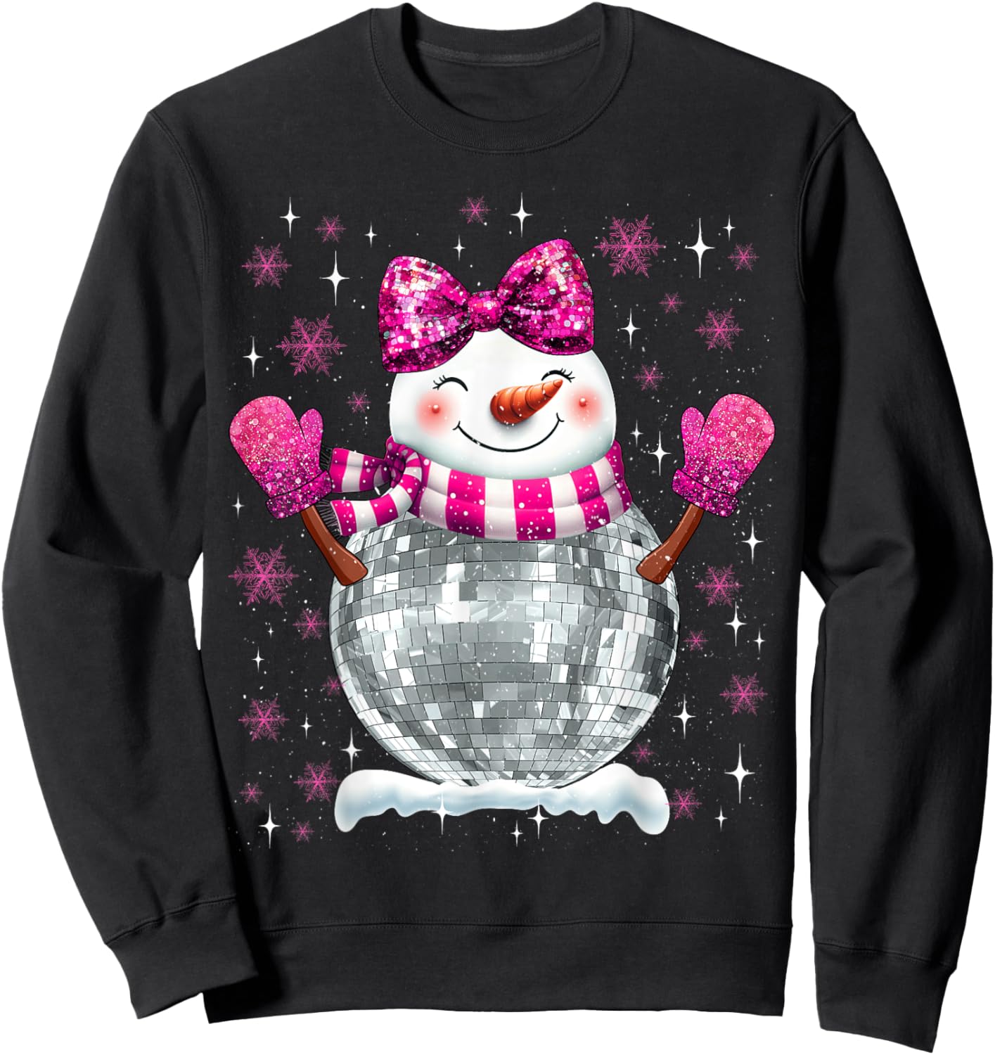 Cute Snowman Disco Ball Christmas Coquette Bow Women Girls Sweatshirt - Sweatshirt | Black