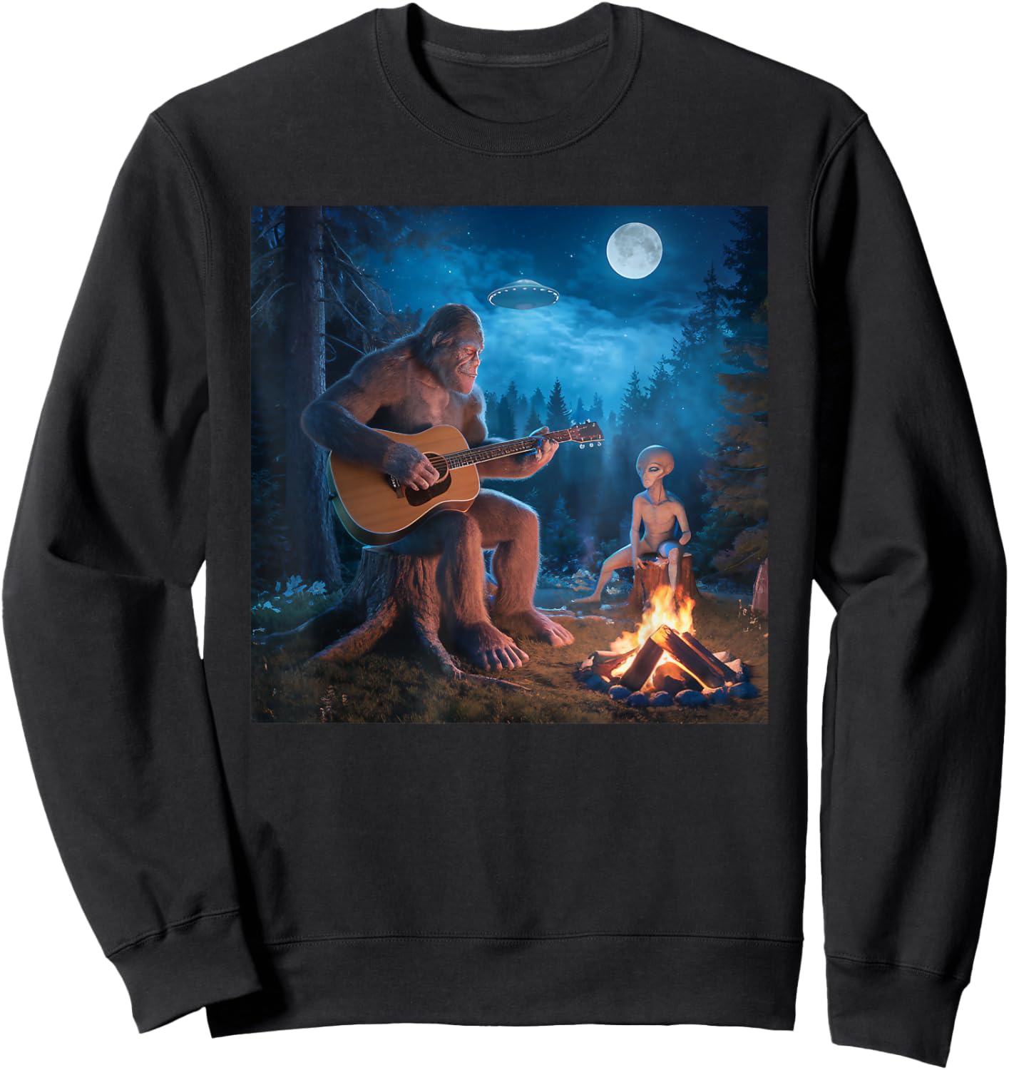 Bigfoot Alien Sasquatch Campfire UFO Music Night Scene Sweatshirt - Sweatshirt | Black