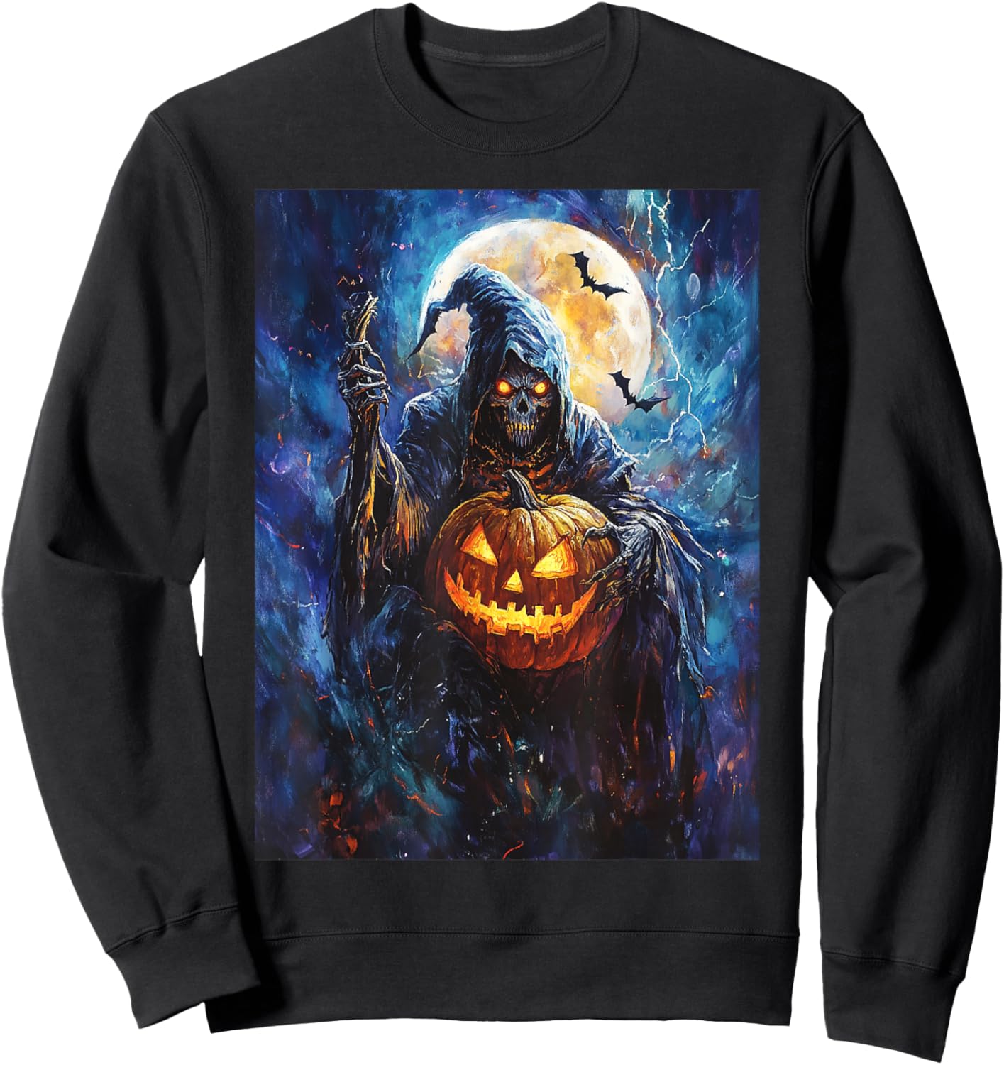Halloween Spooky Pumpkin Design Scary Grim Reaper Halloween Sweatshirt - Sweatshirt | Black