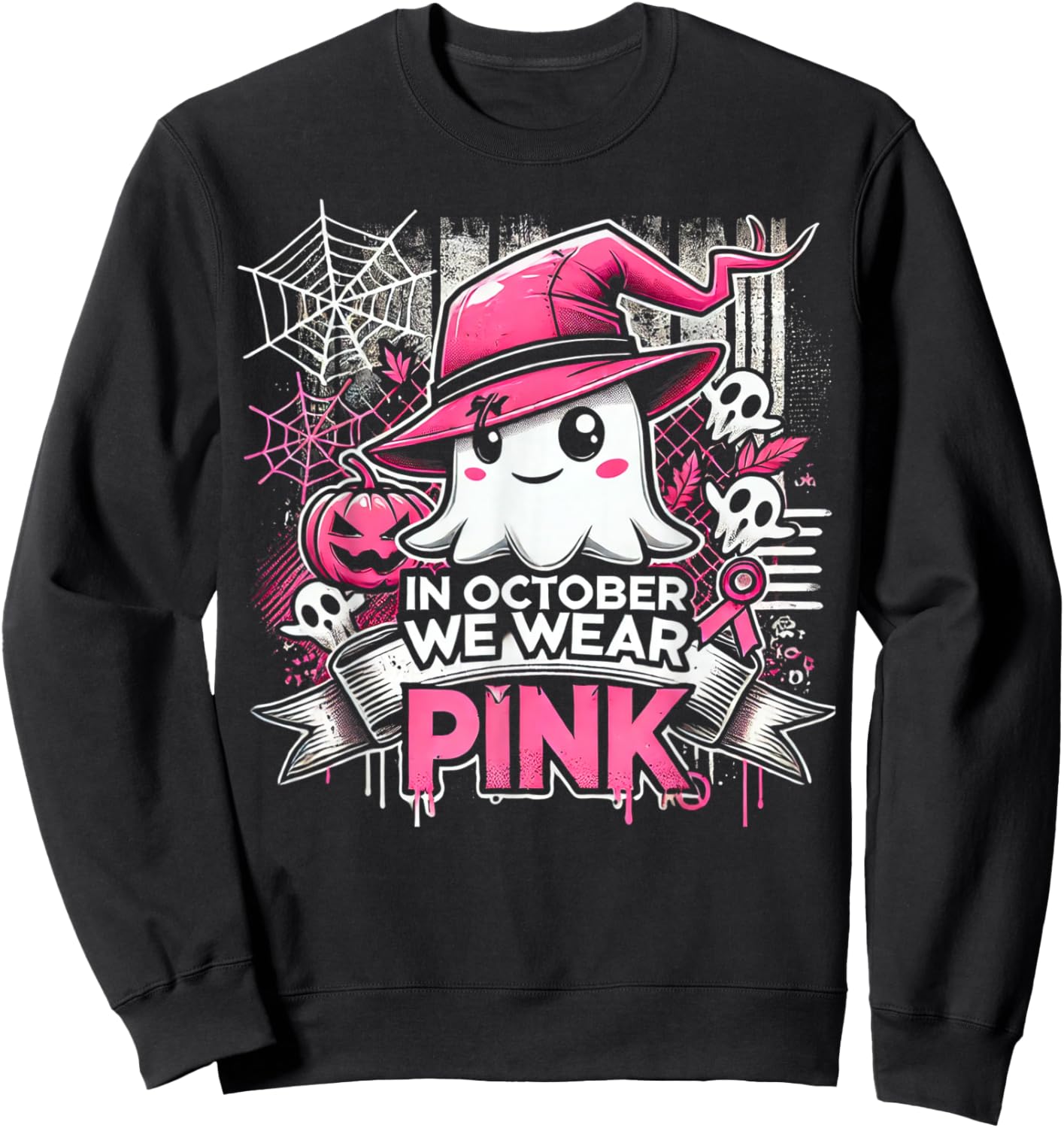 October We Wear Pink Ghost Witch Halloween Sweatshirt - Sweatshirt | Black