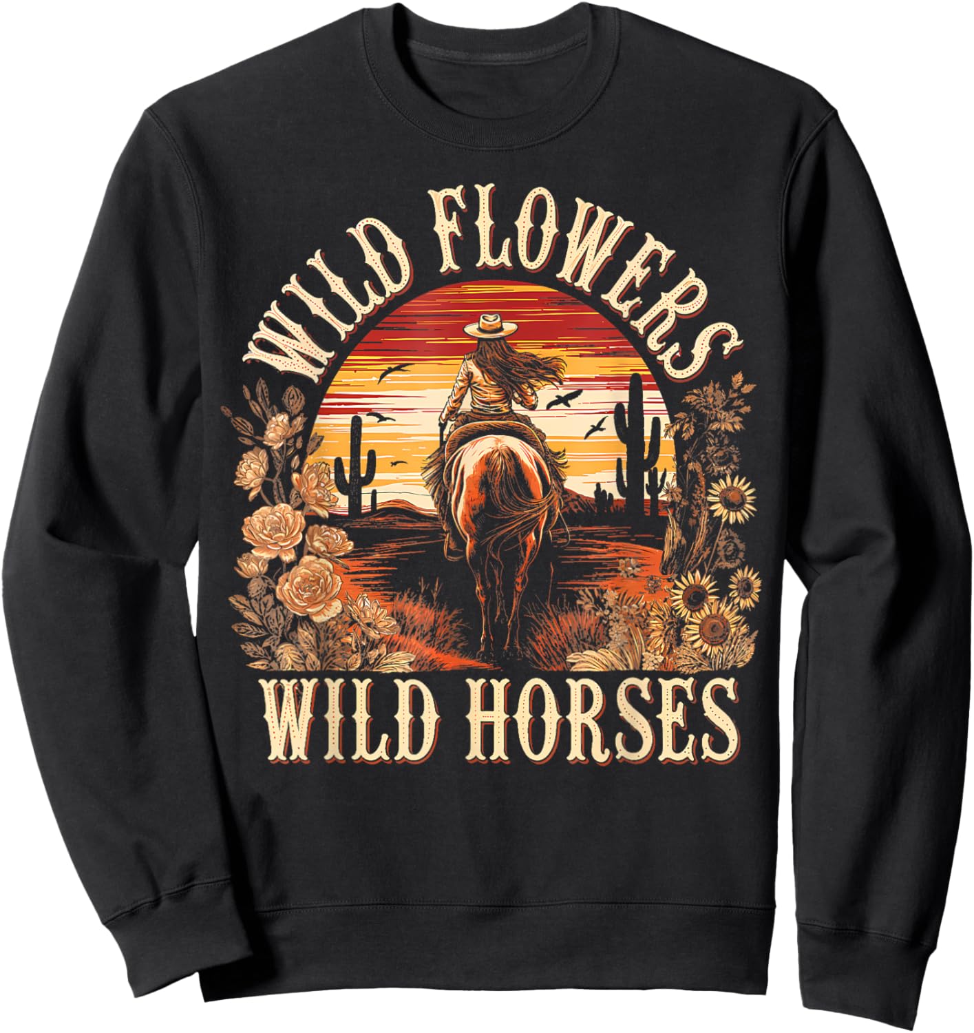 Vintage Flowers Horses Cowgirl Western Sunset Riding Horse Sweatshirt - Sweatshirt | Black