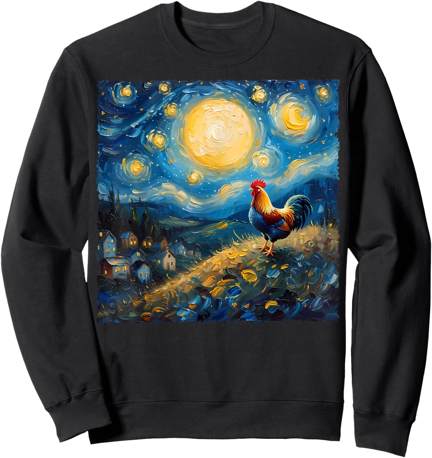 Van Gogh Style Funny Rooster Lover The Starry Night Painting Sweatshirt - Sweatshirt | Black
