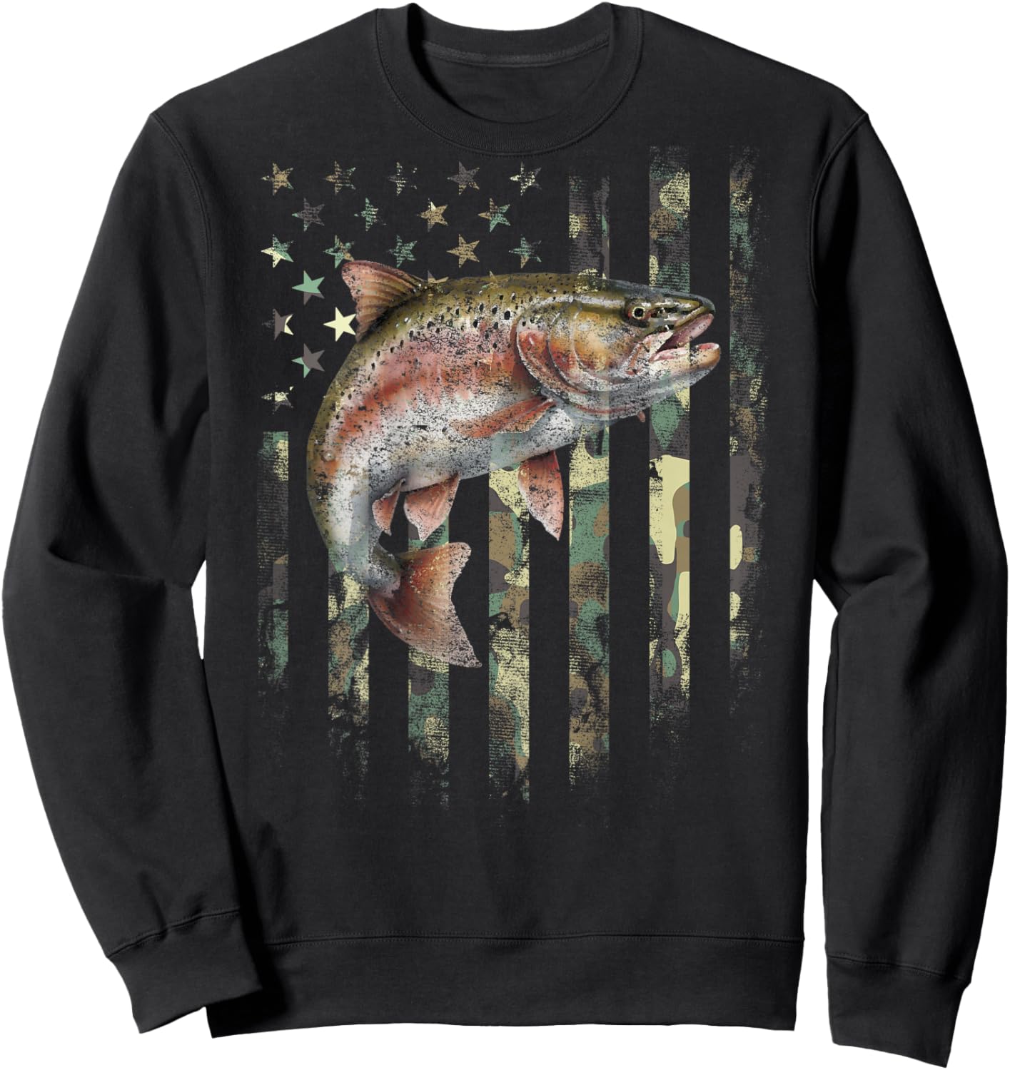 (Art on Back) Camo American Flag Trout Fish Fishing Sweatshirt - Sweatshirt | Black