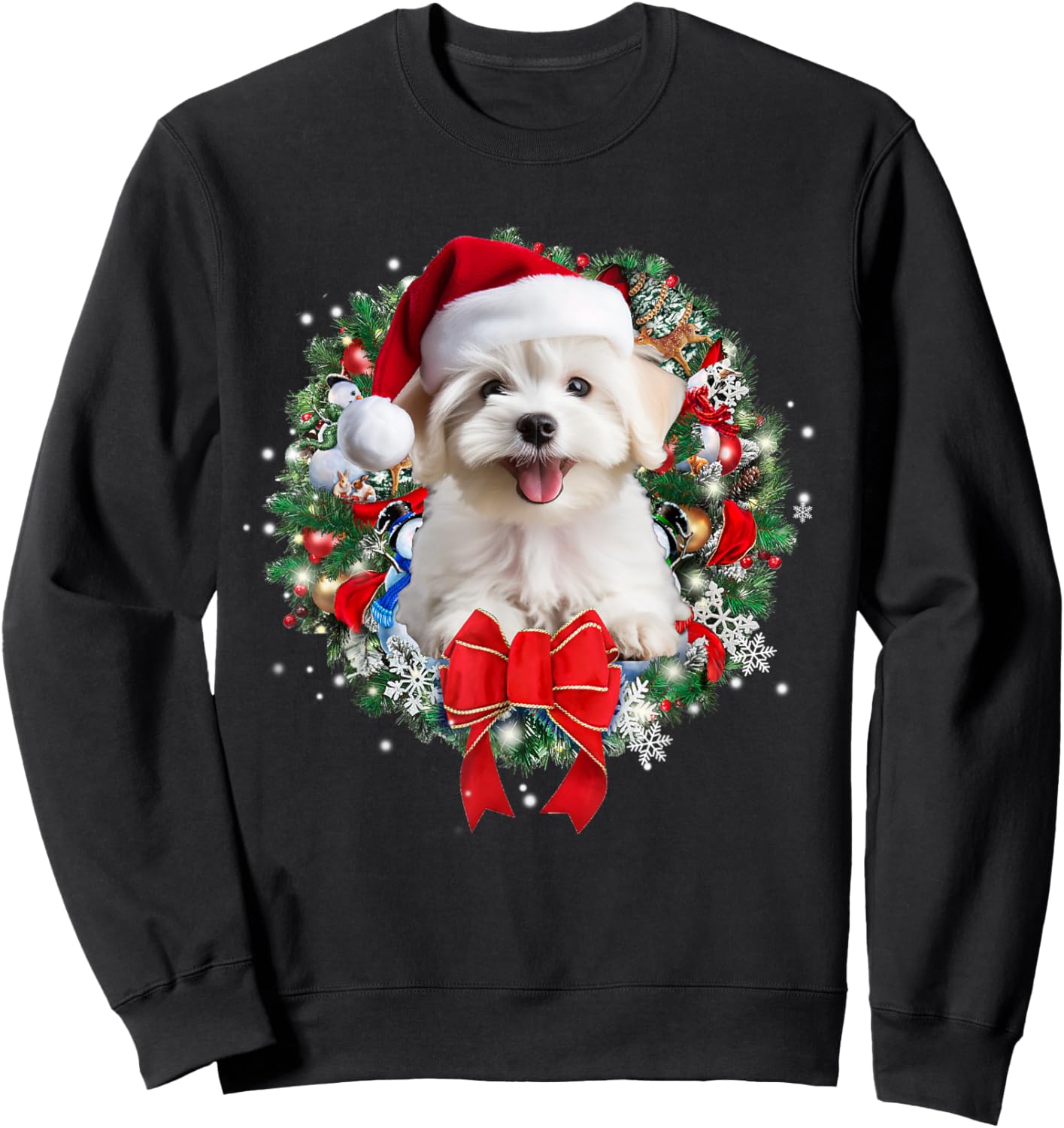 Maltese Christmas Wreath Decoration Xmas Pajamas Sweatshirt - Sweatshirt | Black