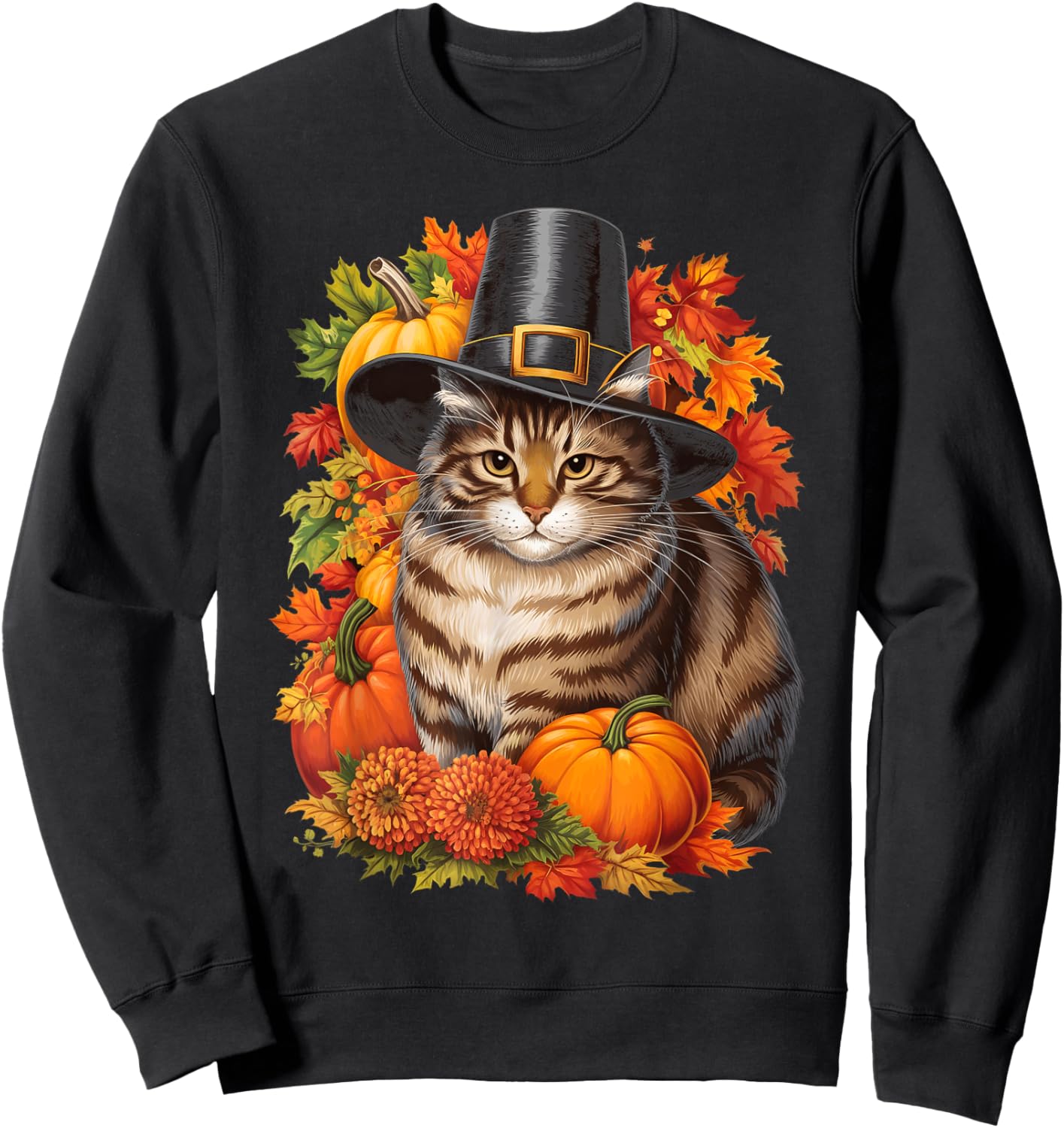 Thanksgiving Pilgrim Cat Lover Autumn Leaves Men Women Kids Sweatshirt - Sweatshirt | Black