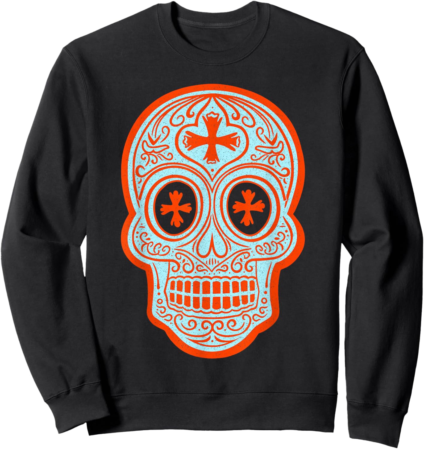 Vintage Calavera Sugar Skull Orange and Blue Design Sweatshirt - Sweatshirt | Black